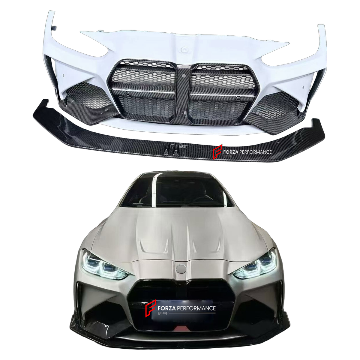 DRY CARBON FRONT BUMPER AND FRONT LIP for BMW M3 G80 M4 G82 G83 2020+ FORZA PERFORMANCE custom fit Adro Style

Set includes:
Front Lip
Front Bumper Assembly

Material: Dry Carbon

NOTE: Professional installation is required.