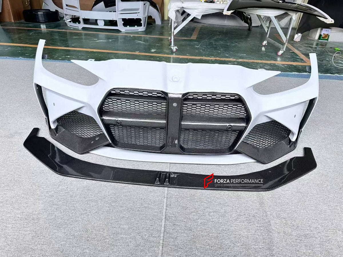 DRY CARBON FRONT BUMPER AND FRONT LIP for BMW M3 G80 M4 G82 G83 2020+ FORZA PERFORMANCE custom fit Adro Style

Set includes:
Front Lip
Front Bumper Assembly

Material: Dry Carbon

NOTE: Professional installation is required.