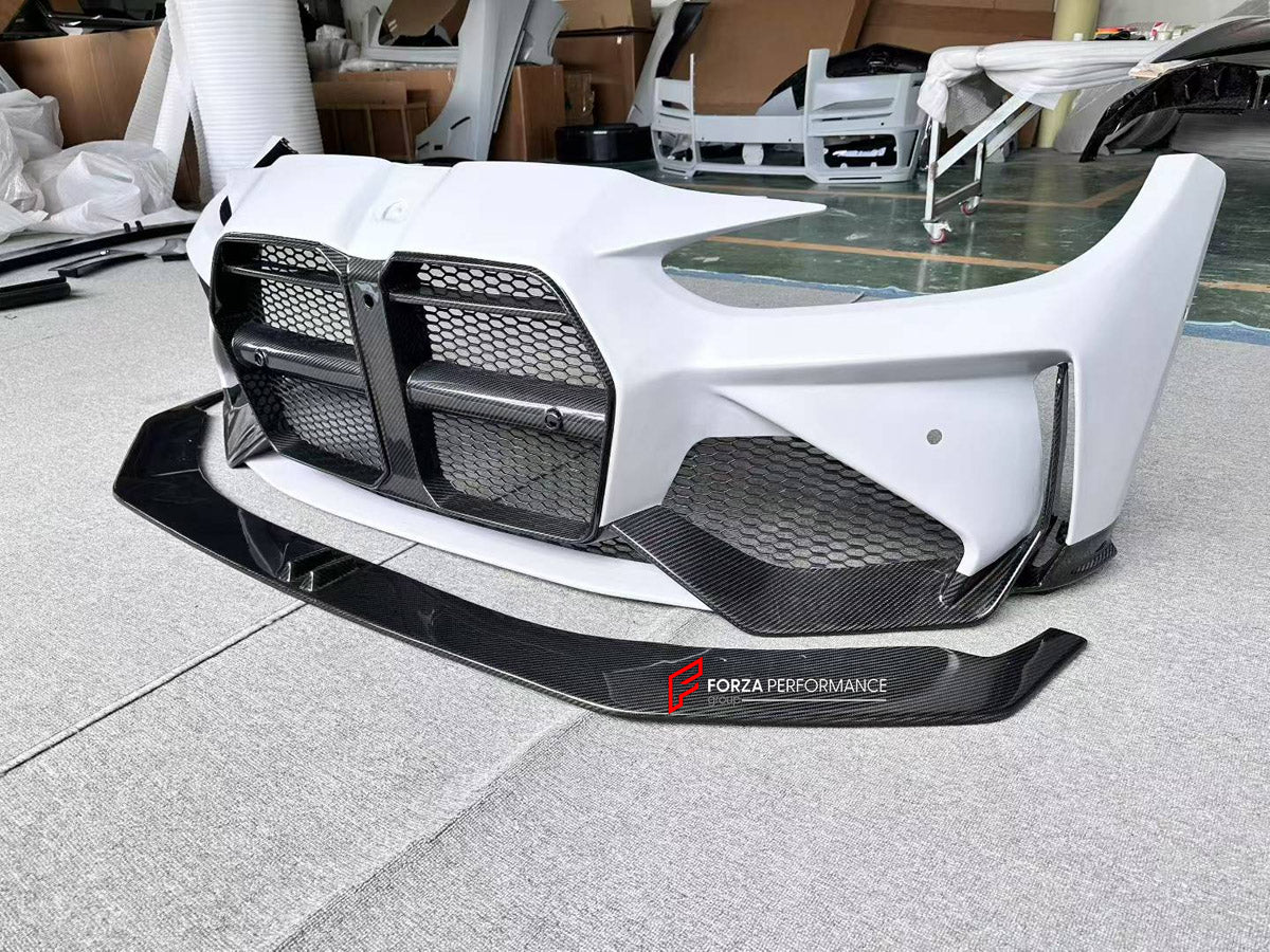 DRY CARBON FRONT BUMPER AND FRONT LIP for BMW M3 G80 M4 G82 G83 2020+ FORZA PERFORMANCE custom fit Adro Style

Set includes:
Front Lip
Front Bumper Assembly

Material: Dry Carbon

NOTE: Professional installation is required.