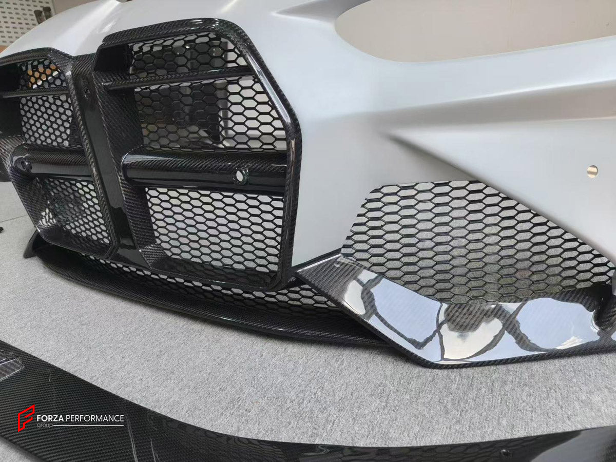 DRY CARBON FRONT BUMPER AND FRONT LIP for BMW M3 G80 M4 G82 G83 2020+ FORZA PERFORMANCE custom fit Adro Style

Set includes:
Front Lip
Front Bumper Assembly

Material: Dry Carbon

NOTE: Professional installation is required.