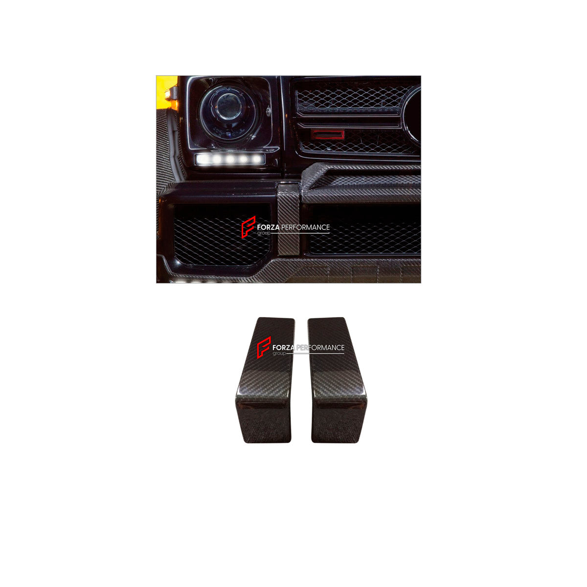 DRY CARBON FRONT BUMPER COVER TRIMS for MERCEDES-BENZ G-CLASS W463 G63 2008 - 2018

Set includes:
Front Bumper Cover Trims

Material: Dry Carbon

NOTE: Professional installation is required.