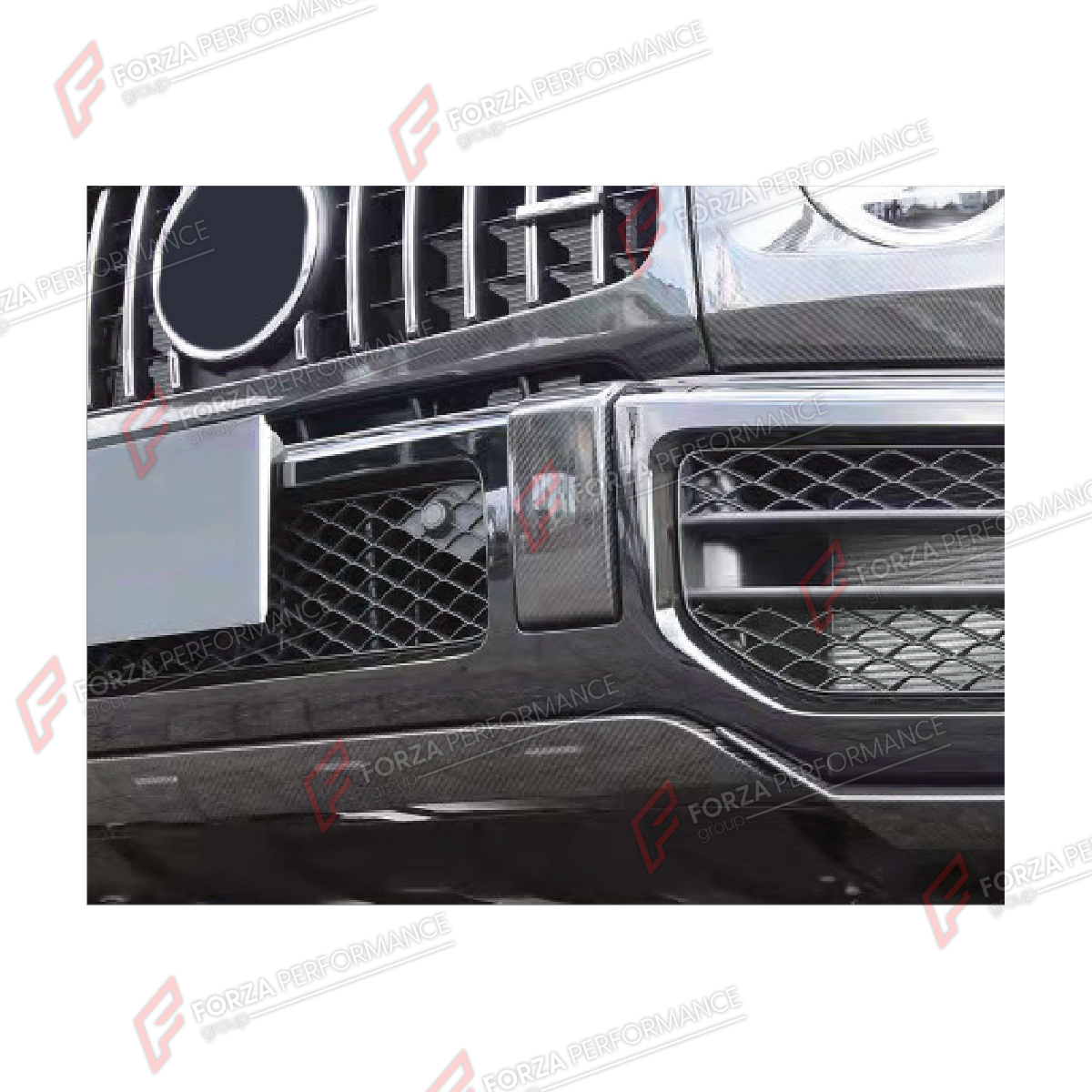 DRY CARBON FRONT BUMPER COVER TRIMS for MERCEDES-BENZ G-CLASS W464 G63 2019 - 2024 FORZA PERFORMANCE custom fit JCW Style

Set includes:
Front Bumper Cover Trims

Material: Dry Carbon

NOTE: Professional installation is required.