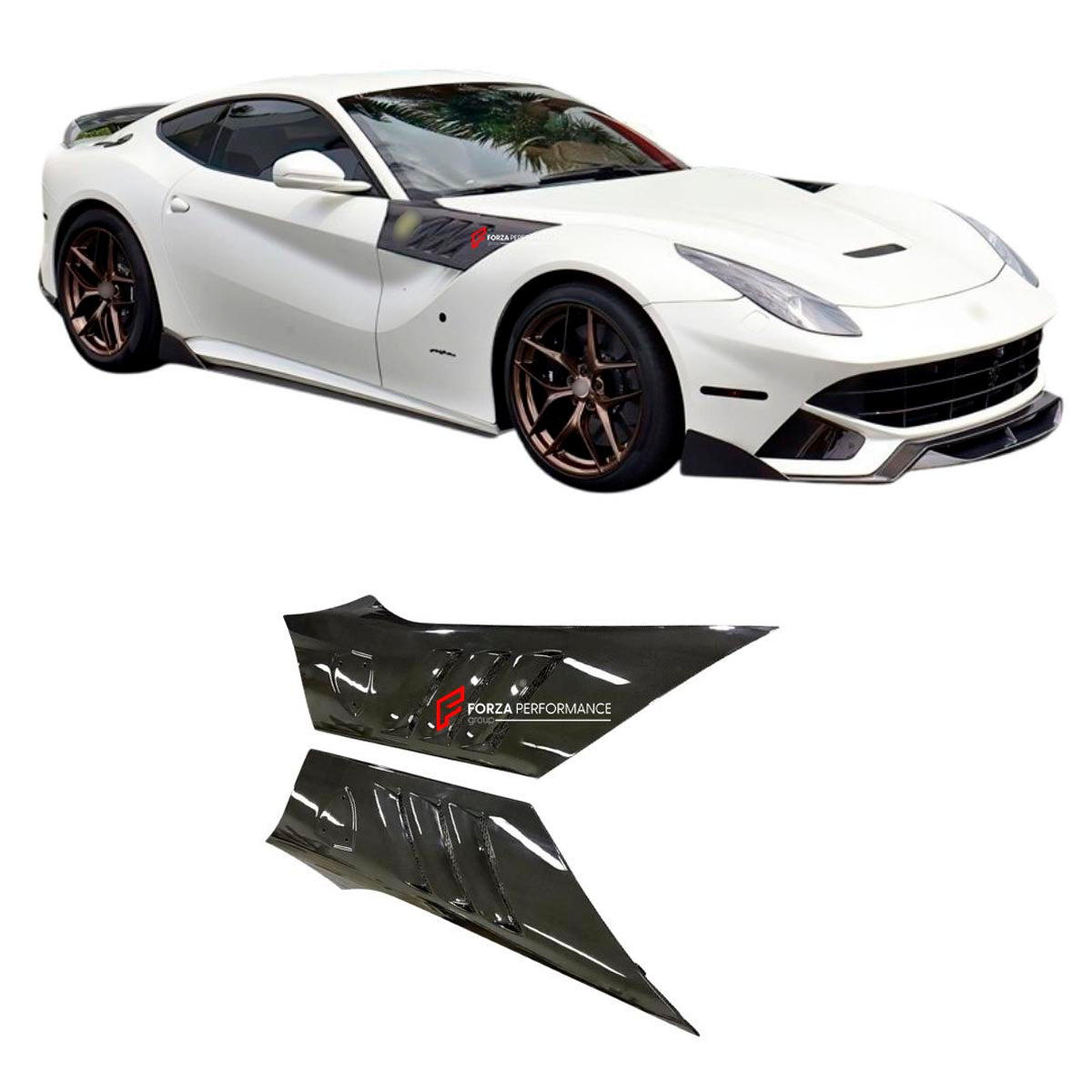 DRY CARBON FRONT FENDER VENTS for FERRARI F12 BERLINETTA 2012 - 2017
Set includes:

Front Fender Vents
Material: Dry Carbon

NOTE: Professional installation is required.