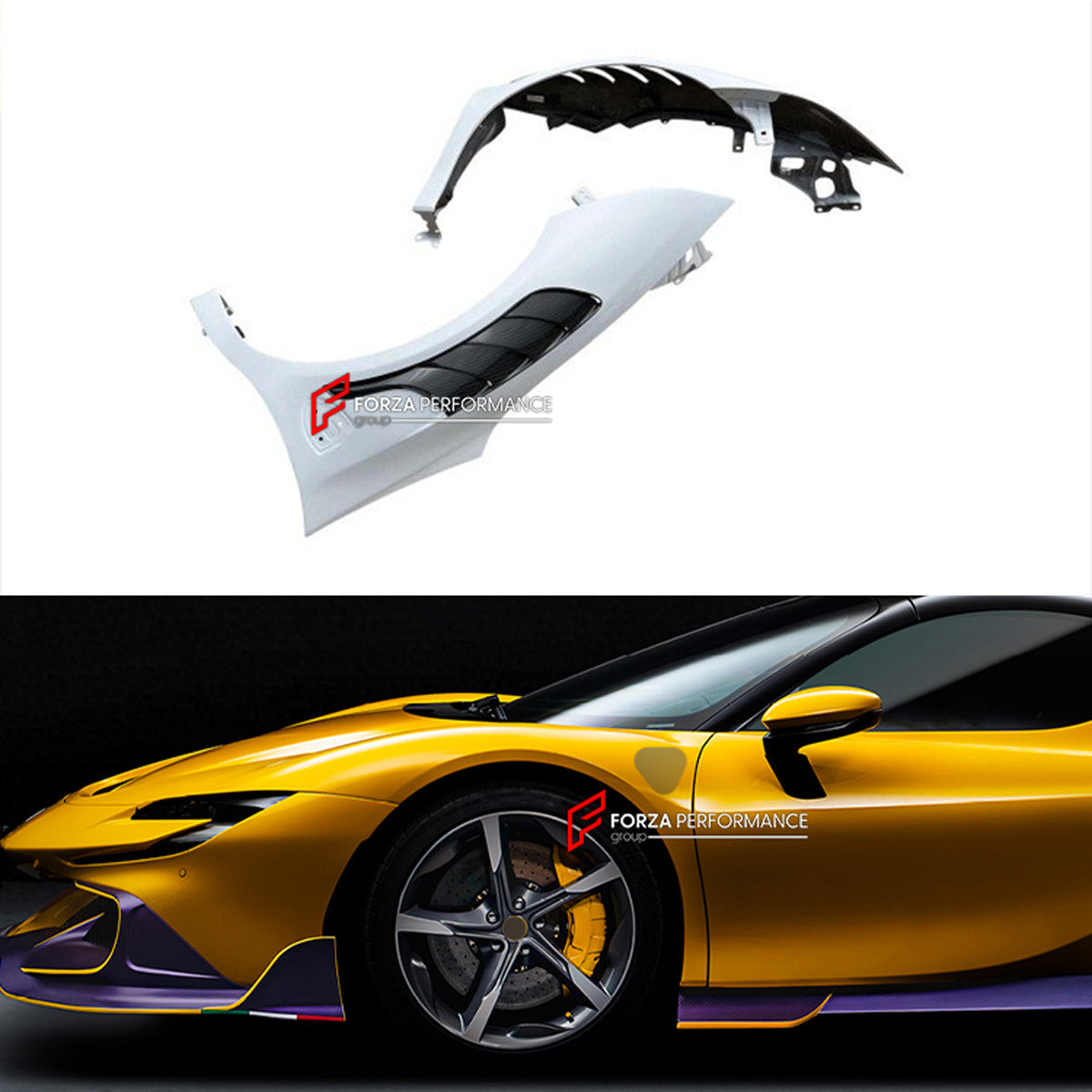 DRY CARBON FRONT FENDERS for FERRARI SF90 STRADALE SPIDER 2019+ FORZA PERFORMANCE custom fit Mansory Style

Set includes:
Front Fenders

Material: Dry Carbon

NOTE: Professional installation is required.