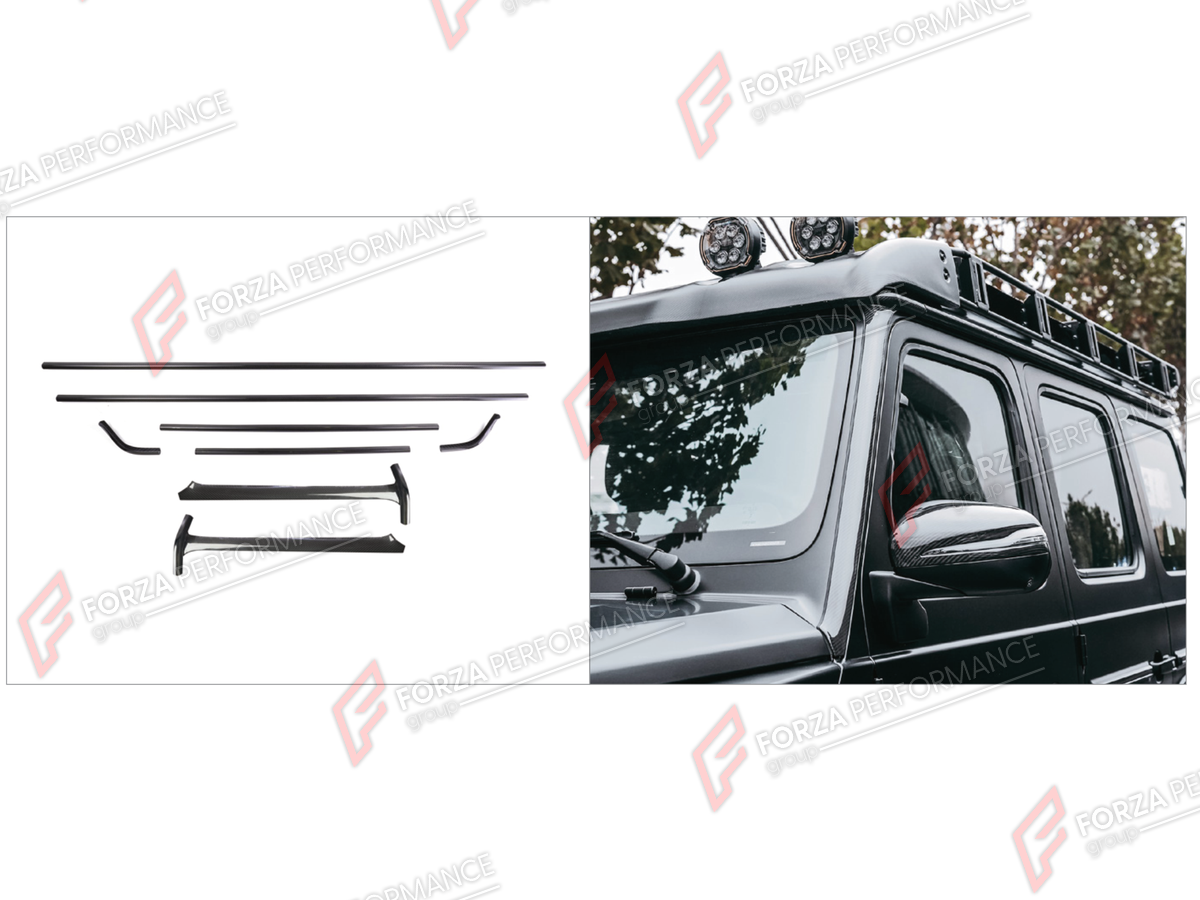 DRY CARBON FRONT ROOF TRIM STRIP WITH A-PILLAR COVERS for MERCEDES-BENZ G-CLASS W465 G63 G450D G500 G550 2025+

Set includes:
Front Roof Trim Strip
A-Pillar Covers

Material: Dry Carbon

NOTE: Professional installation is required.