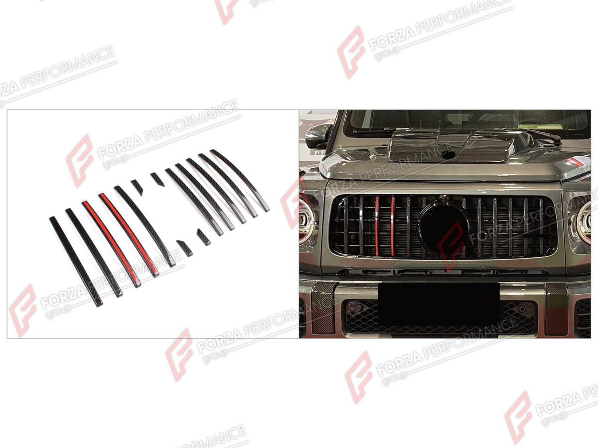 DRY CARBON FRONT GRILLE TRIM STRIPS for MERCEDES-BENZ G-CLASS W464 G63 2019 - 2024

Set includes:
Front Grille Trim Strips

Material: Dry Carbon

NOTE: Professional installation is required.