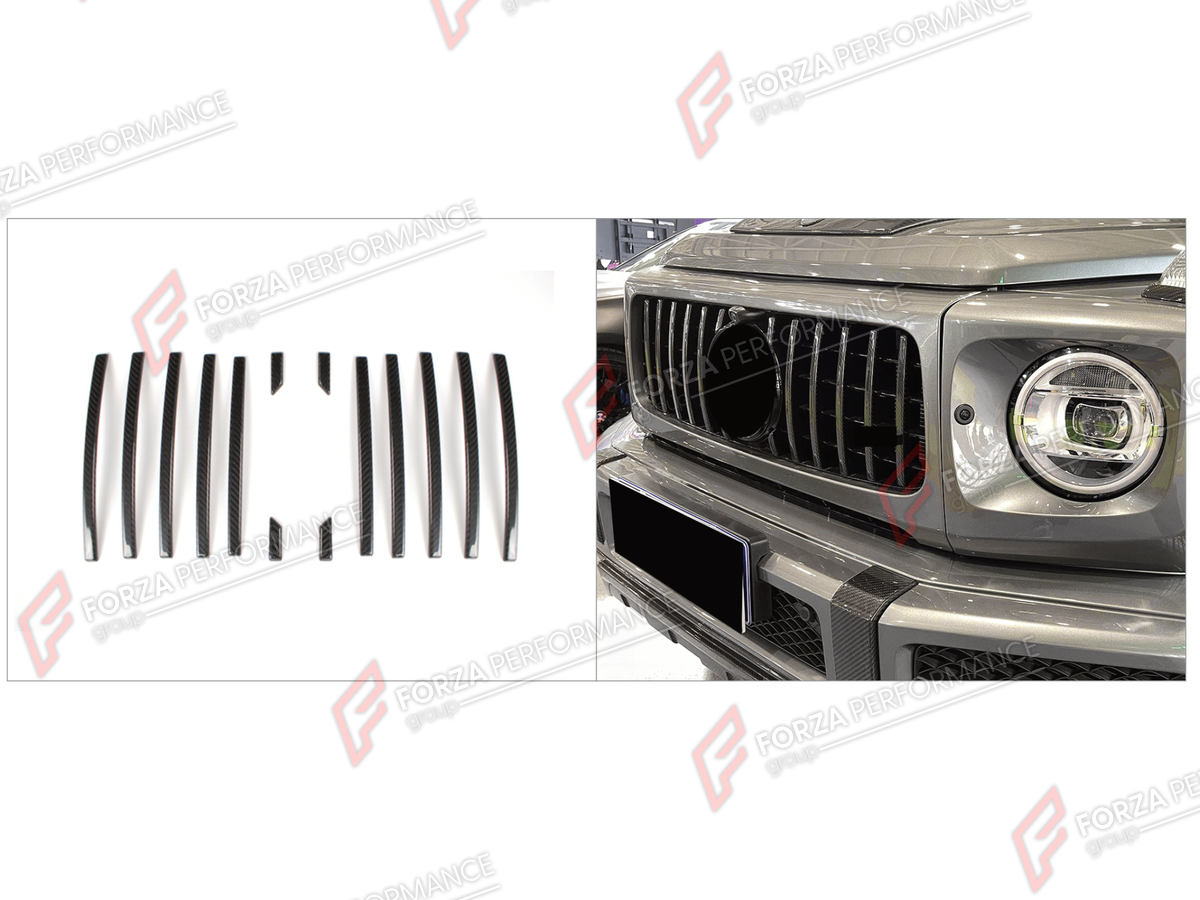 DRY CARBON FRONT GRILLE TRIM STRIPS for MERCEDES-BENZ G-CLASS W464 2019 - 2024

Set includes:
Front Grille Trim Strips

Material: Dry Carbon

NOTE: Professional installation is required.