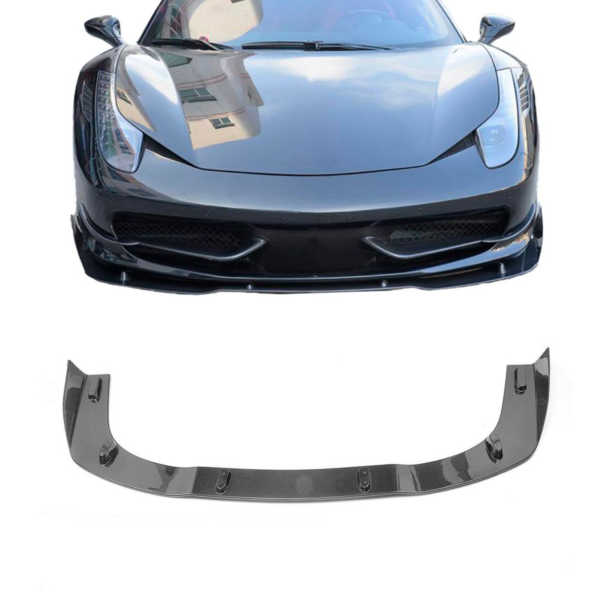 DRY CARBON FRONT LIP for FERRARI 458 2009 - 2015
Set includes:
Front Lip
Material: Carbon Fiber
NOTE: Professional installation is required.
