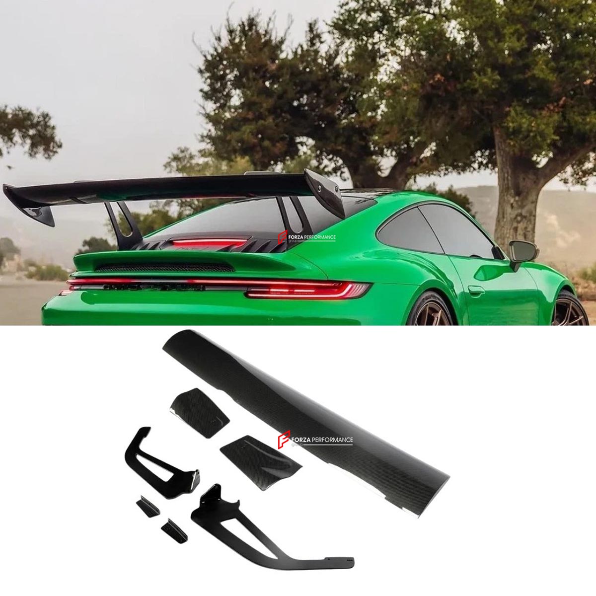 DRY CARBON WING SPOILER for PORSCHE 911 992 GT3 2022+
Set includes:

Rear GT Wing
Swan Neck Wing Uprights (2 Pieces)
Wing Mounting Base Plates (2 Pieces)
Wing End Caps (2 Pieces)
Mounting Hardware
Material: Dry Carbon

NOTE: Professional installation is required. For Track GT3 GT4.