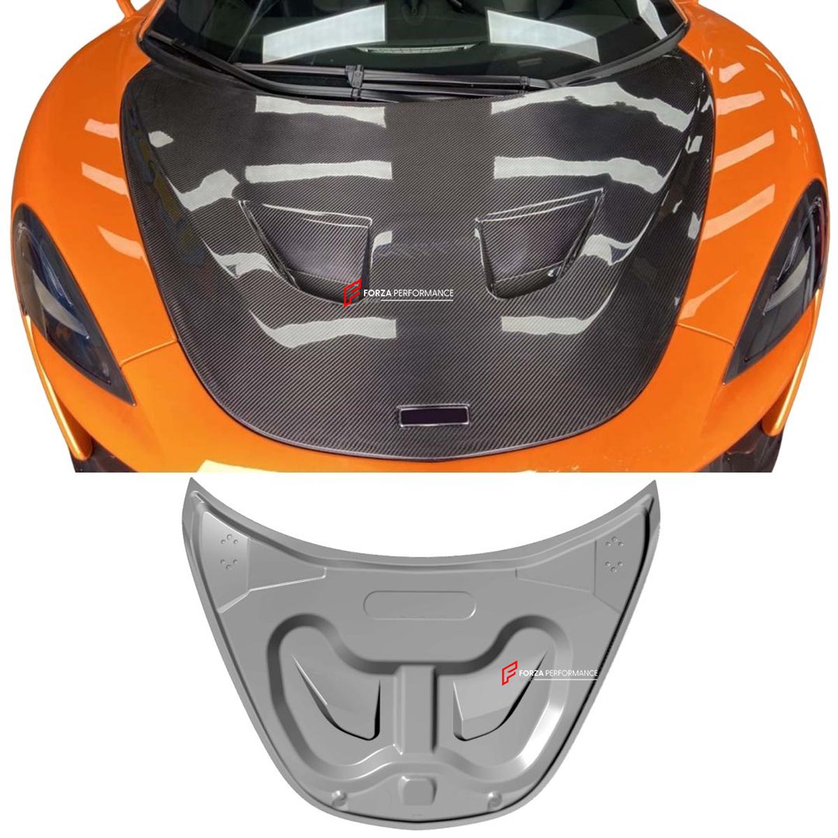 DRY CARBON HOOD BONNET for MCLAREN 540C 570S 570GT MP4 12C 2011 - 2021 Forza Performance Custom fit 620R Style
Set includes:

Hood Bonnet
Material: Dry Carbon

NOTE: Professional installation is required.