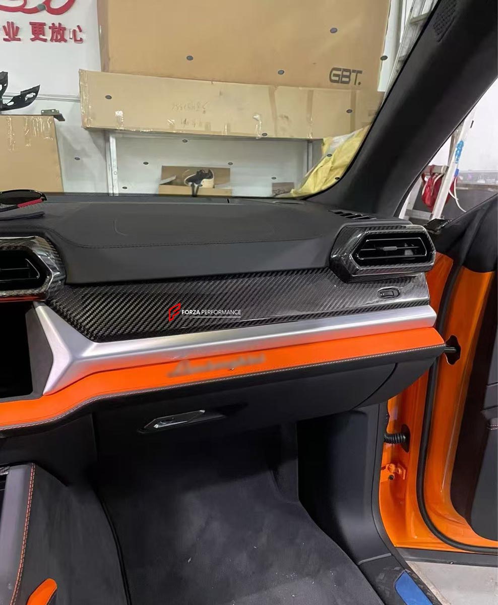 DRY CARBON INTERIOR KIT for Lamborghini Urus SE 2024+
Set includes:

Dashboard Instrument Cluster Trim
Center Console Trim Cover
Rear Center Console Air Vent Cover
Dashboard Trim Kit
Dashboard Side Air Vents Covers
Interior Door Panel Trim
Material: Dry Carbon

NOTE: Professional installation is required.