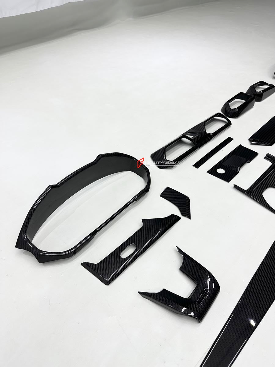 DRY CARBON INTERIOR KIT for Lamborghini Urus SE 2024+
Set includes:

Dashboard Instrument Cluster Trim
Center Console Trim Cover
Rear Center Console Air Vent Cover
Dashboard Trim Kit
Dashboard Side Air Vents Covers
Interior Door Panel Trim
Material: Dry Carbon

NOTE: Professional installation is required.