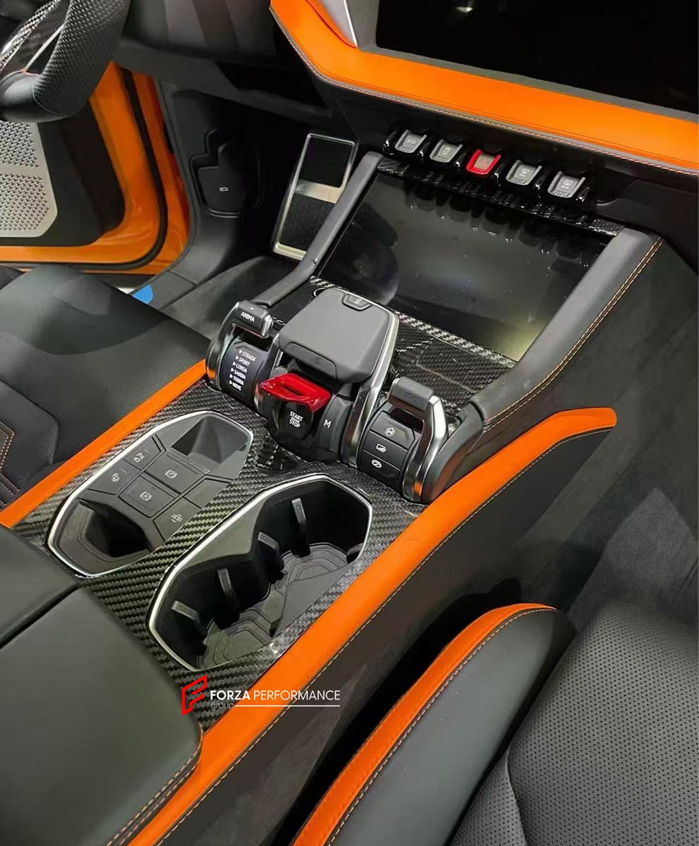 DRY CARBON INTERIOR KIT for Lamborghini Urus SE 2024+
Set includes:

Dashboard Instrument Cluster Trim
Center Console Trim Cover
Rear Center Console Air Vent Cover
Dashboard Trim Kit
Dashboard Side Air Vents Covers
Interior Door Panel Trim
Material: Dry Carbon

NOTE: Professional installation is required.