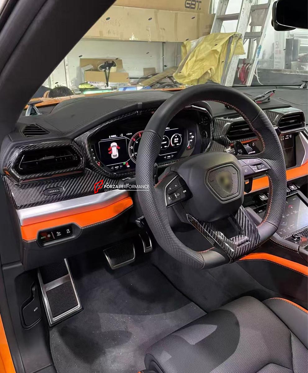 DRY CARBON INTERIOR KIT for Lamborghini Urus SE 2024+
Set includes:

Dashboard Instrument Cluster Trim
Center Console Trim Cover
Rear Center Console Air Vent Cover
Dashboard Trim Kit
Dashboard Side Air Vents Covers
Interior Door Panel Trim
Material: Dry Carbon

NOTE: Professional installation is required.