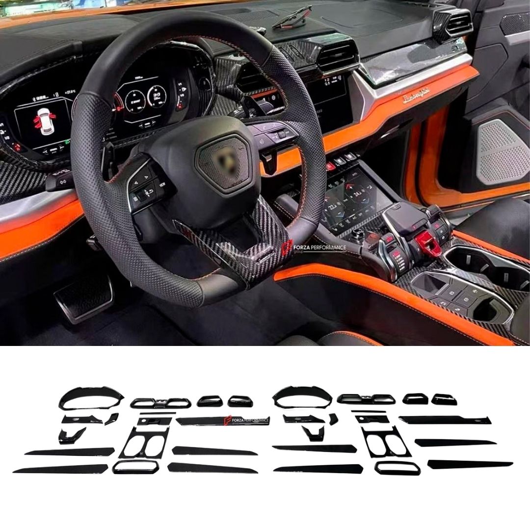 DRY CARBON INTERIOR KIT for Lamborghini Urus SE 2024+
Set includes:

Dashboard Instrument Cluster Trim
Center Console Trim Cover
Rear Center Console Air Vent Cover
Dashboard Trim Kit
Dashboard Side Air Vents Covers
Interior Door Panel Trim
Material: Dry Carbon

NOTE: Professional installation is required.