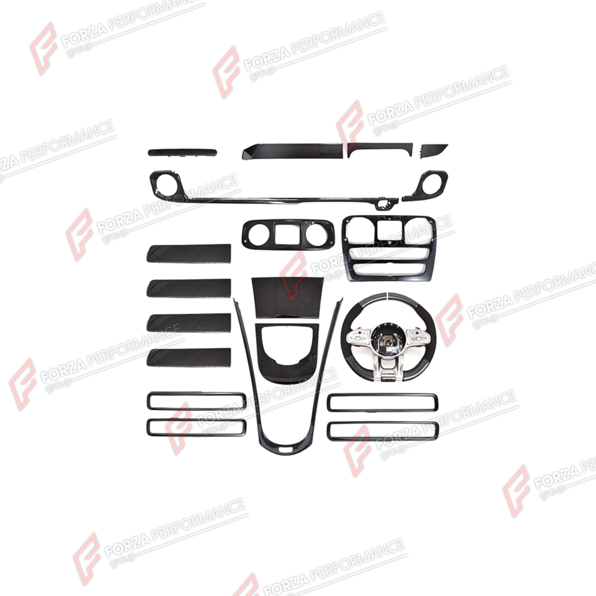 DRY CARBON INTERIOR KIT for MERCEDES-BENZ G-CLASS W464 G63 G350 G350D G400D G500 G550 2019 - 2024
Set includes:

Dashboard Panel Cover
Central Control Panel Trim
Interior Door Panel Trim
Center Console Air Outlet Cover Trim
Steering Wheel
Material: Dry Carbon

NOTE: Professional installation is required.