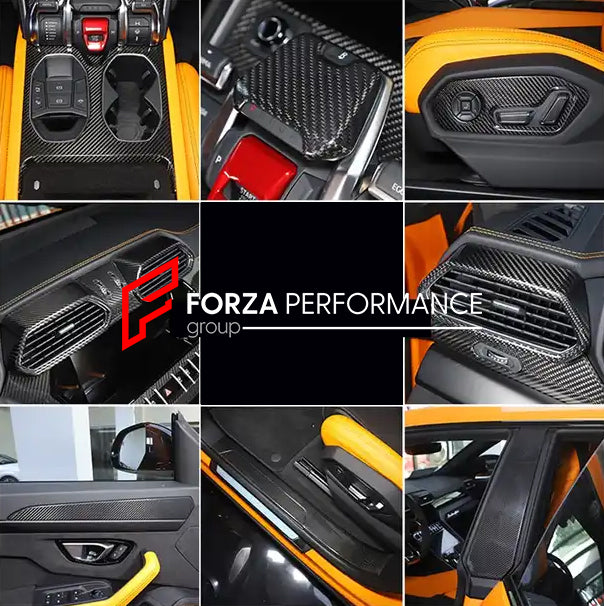 DRY CARBON INTERIOR TRIM KIT COVERS for LAMBORGHINI URUS 2018+  Set includes:  Dashboard Trim Cover Center Console Trim Cover 2x Front Door Trim Covers 2x Rear Door Trim Covers