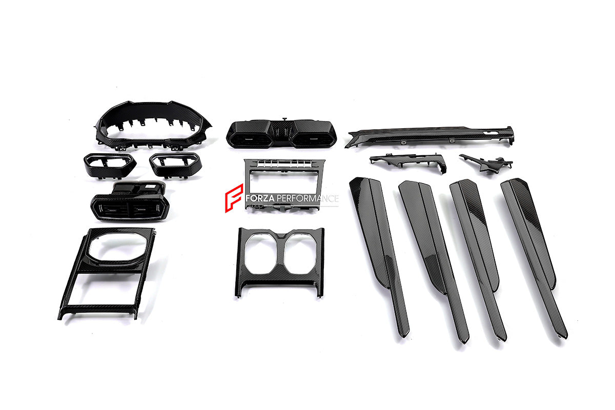 DRY CARBON INTERIOR TRIM KIT COVERS for LAMBORGHINI URUS S SE PERFORMANTE ST X 2023+
Set includes:

Dashboard Trims
Center Console Box Trim
Gear Shift Cup Frame Trim
Rear Seats Replacement Covers
Steering Wheel Trims
Door Trims
Rear Cup Holder Trim
Side Mirror Replacement Covers
Material: Dry Carbon (Standard / Red and Black / Forged / Pagani Pattern)

NOTE: Professional installation is required.