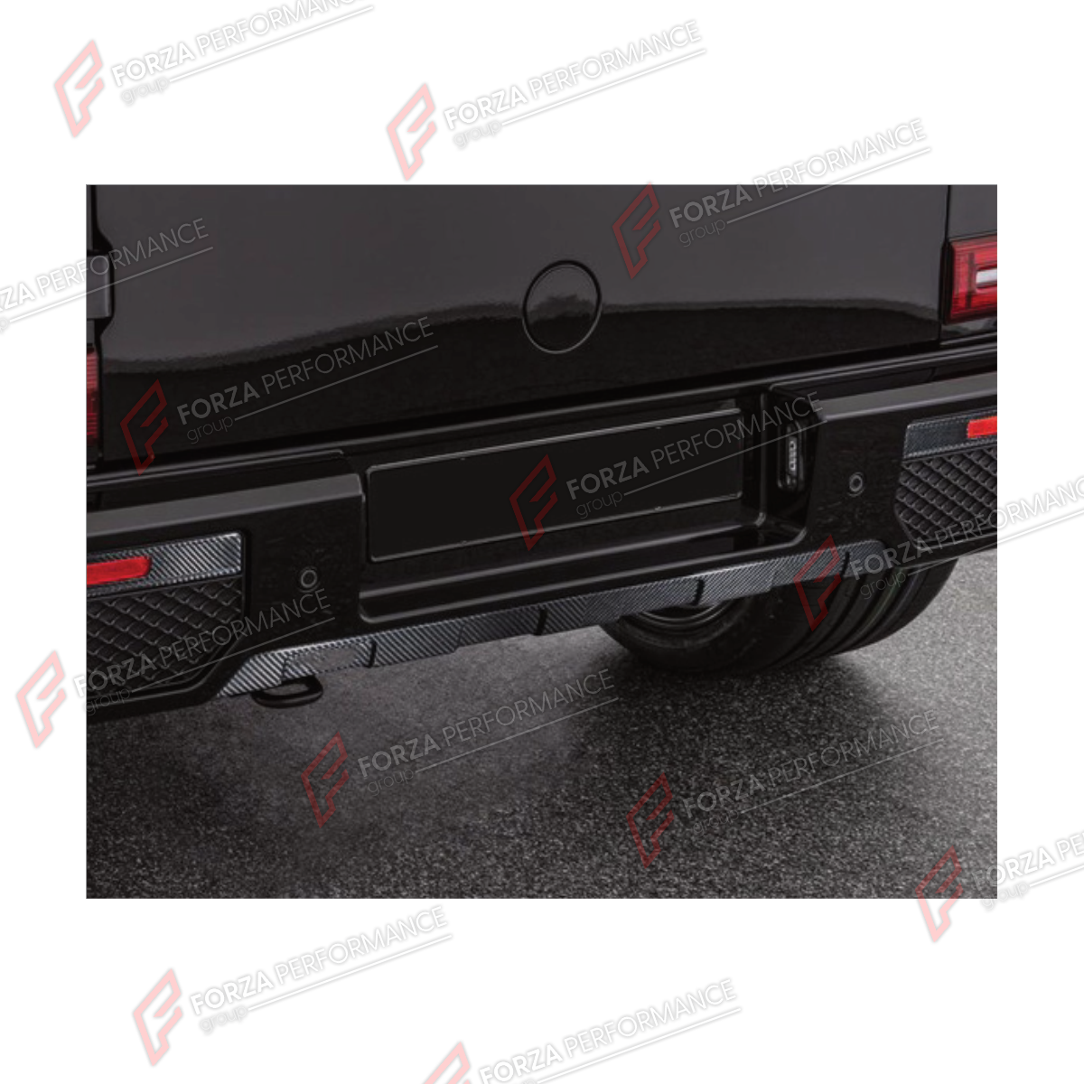 DRY CARBON REAR BUMPER COVER for MERCEDES-BENZ G-CLASS W464 G63 2019 - 2024 FORZA PERFORMANCE custom fit B900

Set includes:
Rear Bumper Cover

Material: Dry Carbon

NOTE: Professional installation is required.