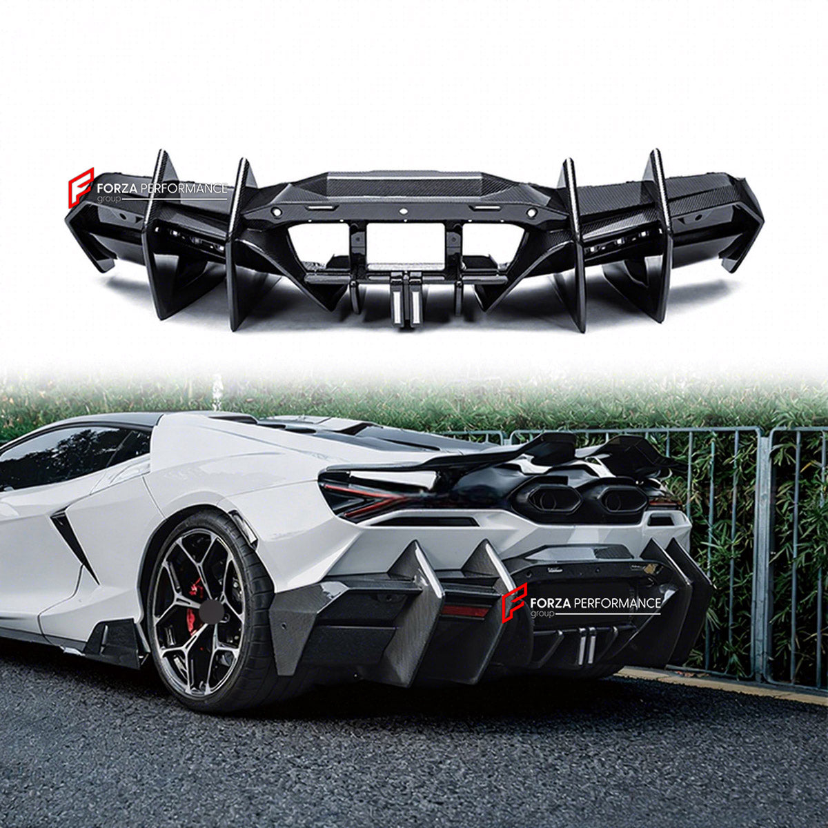 DRY CARBON REAR DIFFUSER for LAMBORGHINI REVUELTO 2023+ FORZA PERFORMANCE custom fit Mansory Style

Set includes:
Rear Diffuser

Material: Dry Carbon

NOTE: Professional installation is required.