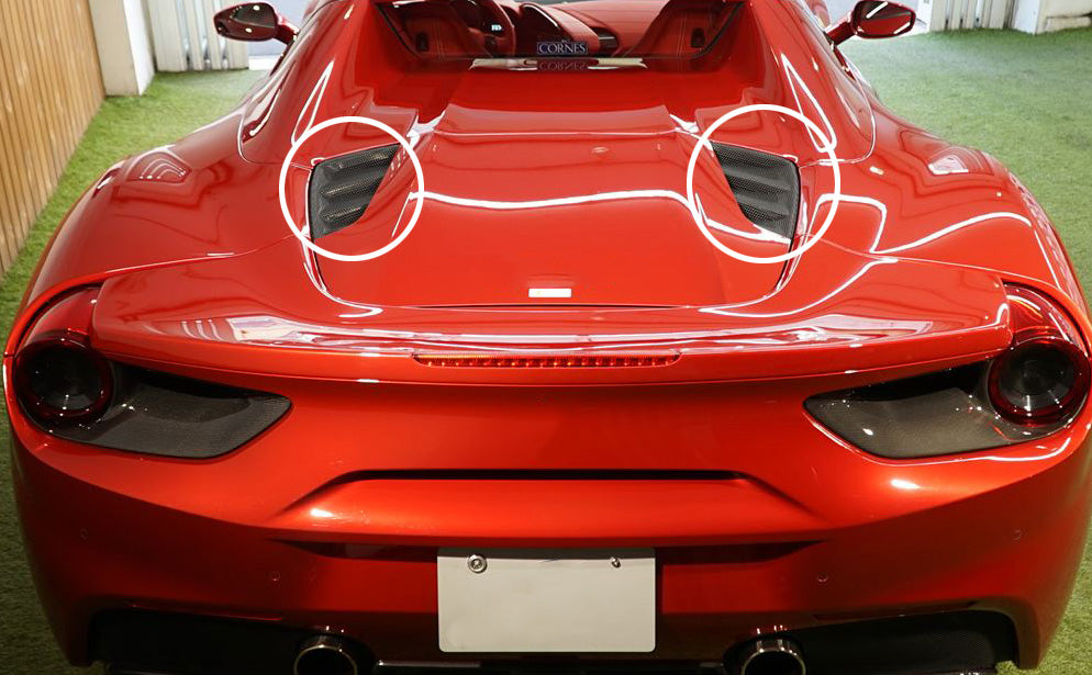 DRY CARBON REAR ENGINE AIR INTAKE VENT COVER for FERRARI 488 PISTA SPIDER 2018 - 2020

Set includes:

Air Vent Covers

Material: Carbon Fiber

NOTE: ;Professional installation is required