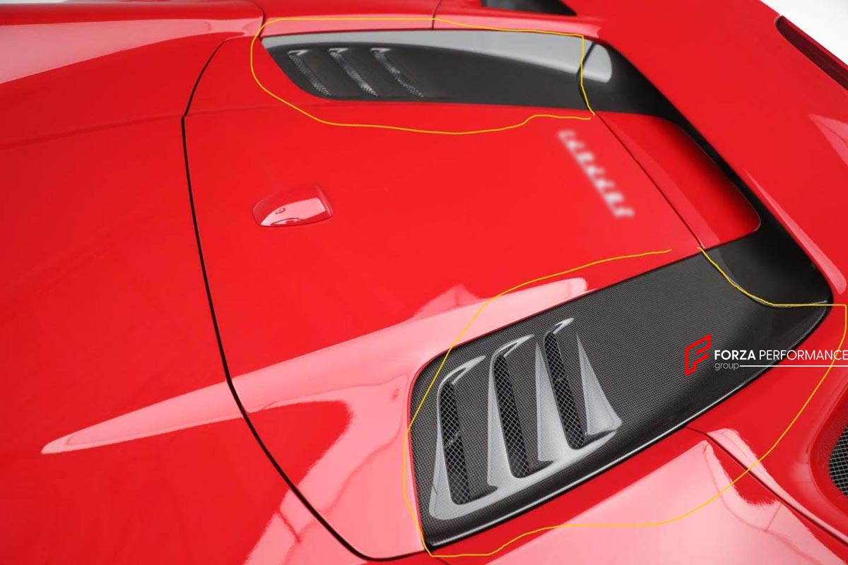 DRY CARBON REAR ENGINE VENT COVER for FERRARI FERRARI F8 2019 - 2022
Set includes:

Rear Engine Vent Cover
Material: Dry Carbon

NOTE: Professional installation is required.