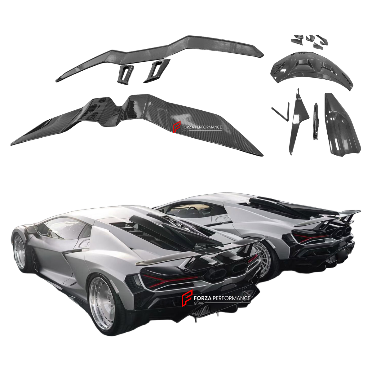 DRY CARBON REAR SPOILER WING AND ENGINE COVER for LAMBORGHINI REVUELTO 2023+ FORZA PERFORMANCE custom fit 1016 Industries Style

Set includes:
Rear Spoiler Wing
Engine Cover

Material: Dry Carbon

NOTE: Professional installation is required.