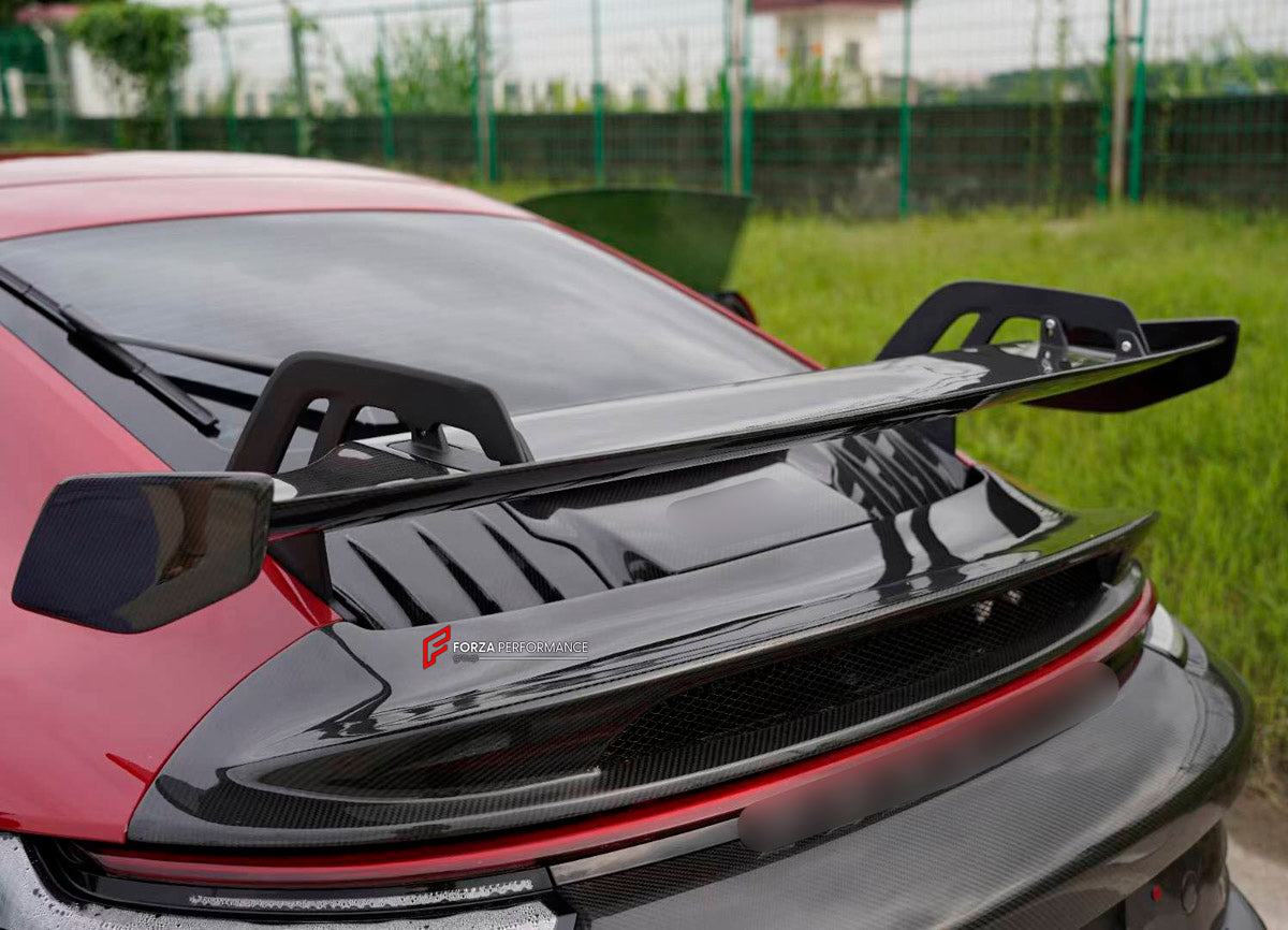 DRY CARBON Rear Spoiler Wing for Porsche 911 992 GT3 2019+
Set includes:

Rear Spoiler Wing
Material: Dry Carbon

NOTE: Professional installation is required.