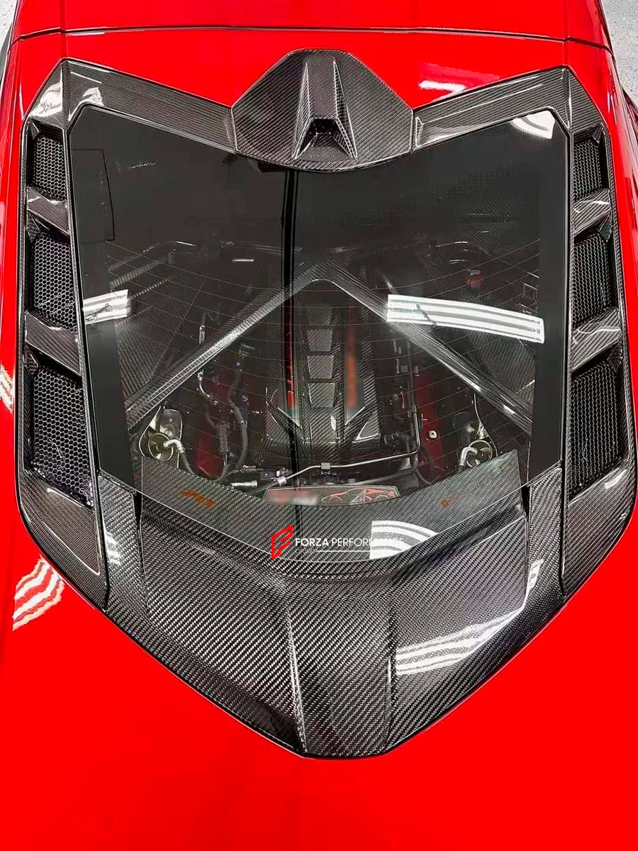 DRY CARBON REAR WINDOW REPLACEMENT ENGINE COVER for CHEVROLET CORVETTE C8 STINGRAY 2020+ Forza Performance Custom fit
Set includes:

Rear Window Replacement Engine Cover
Material: Dry Carbon

NOTE: Professional installation is required.