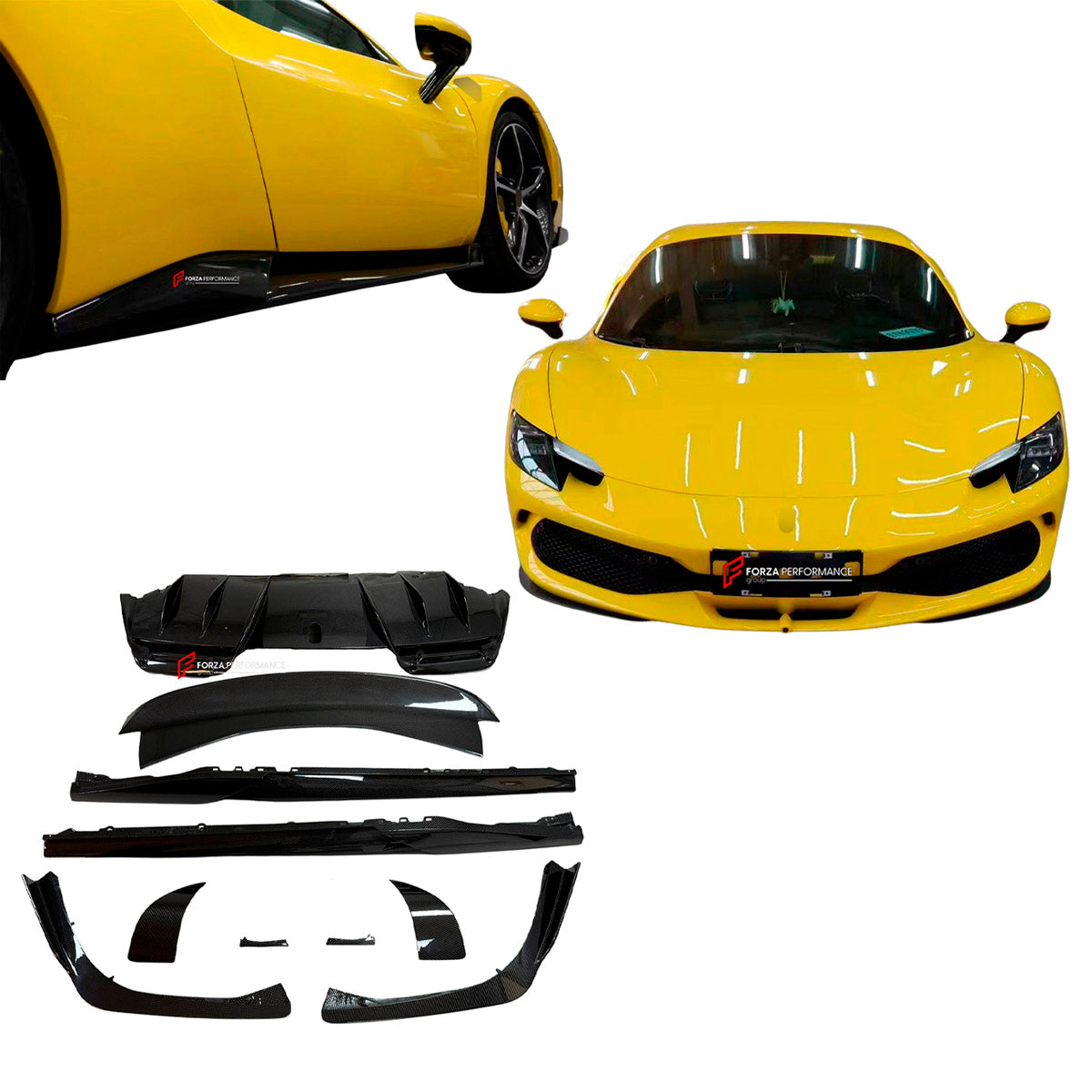 DRY CARBON REPLACEMENT BODY KIT for FERRARI 296 GTS GTB

Set includes:
Front Lip
Side Skirts
Side Air Inlet Trims
Ducktail Spoiler
Rear Diffuser
Material: Dry Carbon

NOTE: Professional installation is required.