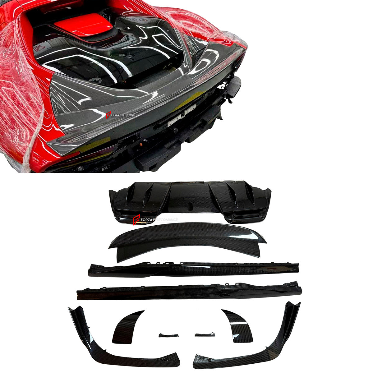 DRY CARBON REPLACEMENT BODY KIT for FERRARI 296 GTS GTB

Set includes:
Front Lip
Side Skirts
Side Air Inlet Trims
Ducktail Spoiler
Rear Diffuser
Material: Dry Carbon

NOTE: Professional installation is required.