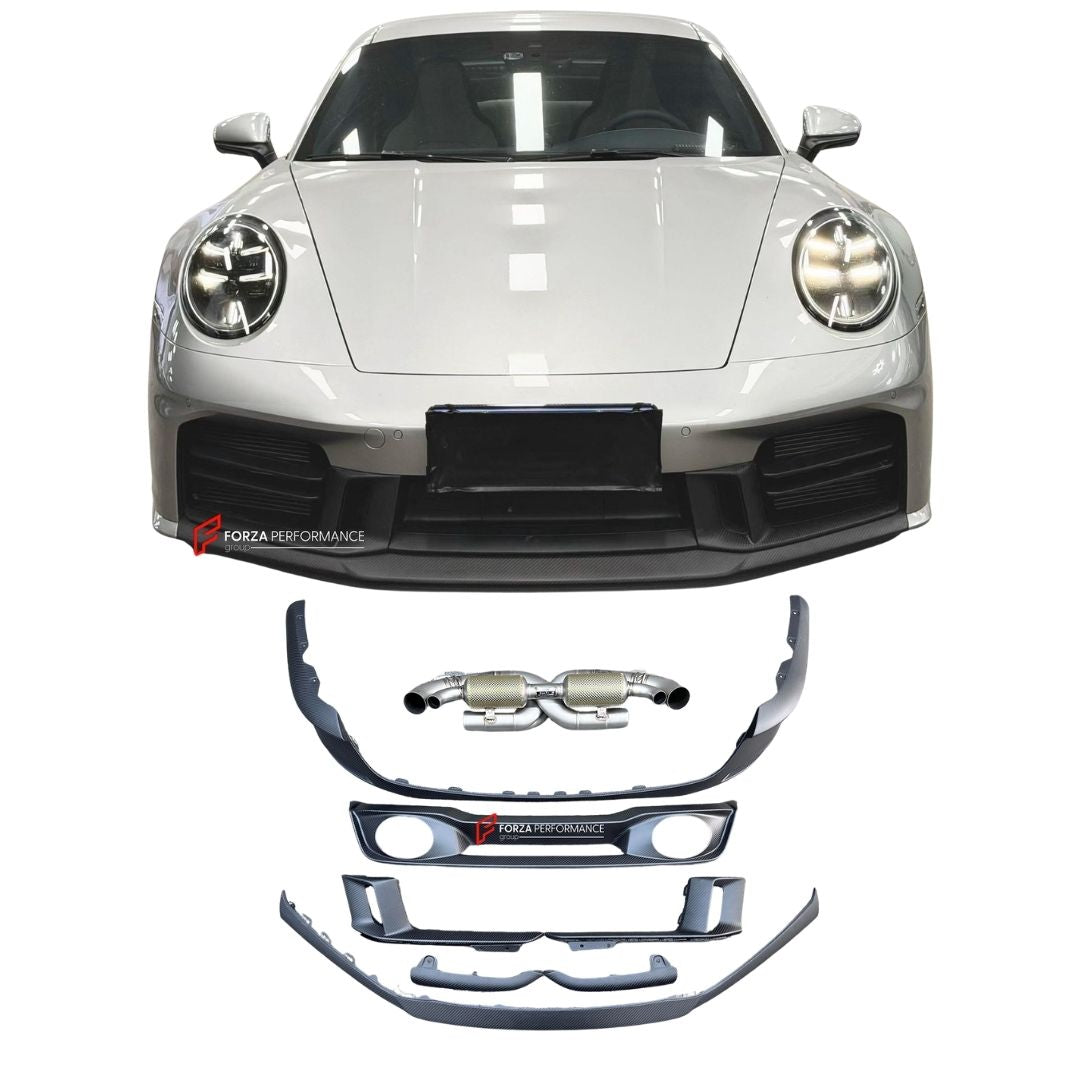 DRY CARBON REPLACEMENT BODY KIT for PORSCHE 911 992.2 CARRERA COUPE S T 4S 2024+ Forza Performance Custom fit

Set includes:
Front Lip
Front Bumper Air Vent Trim
Rear Diffuser
Exhaust System

Material: Dry Carbon

NOTE: Professional installation is required.