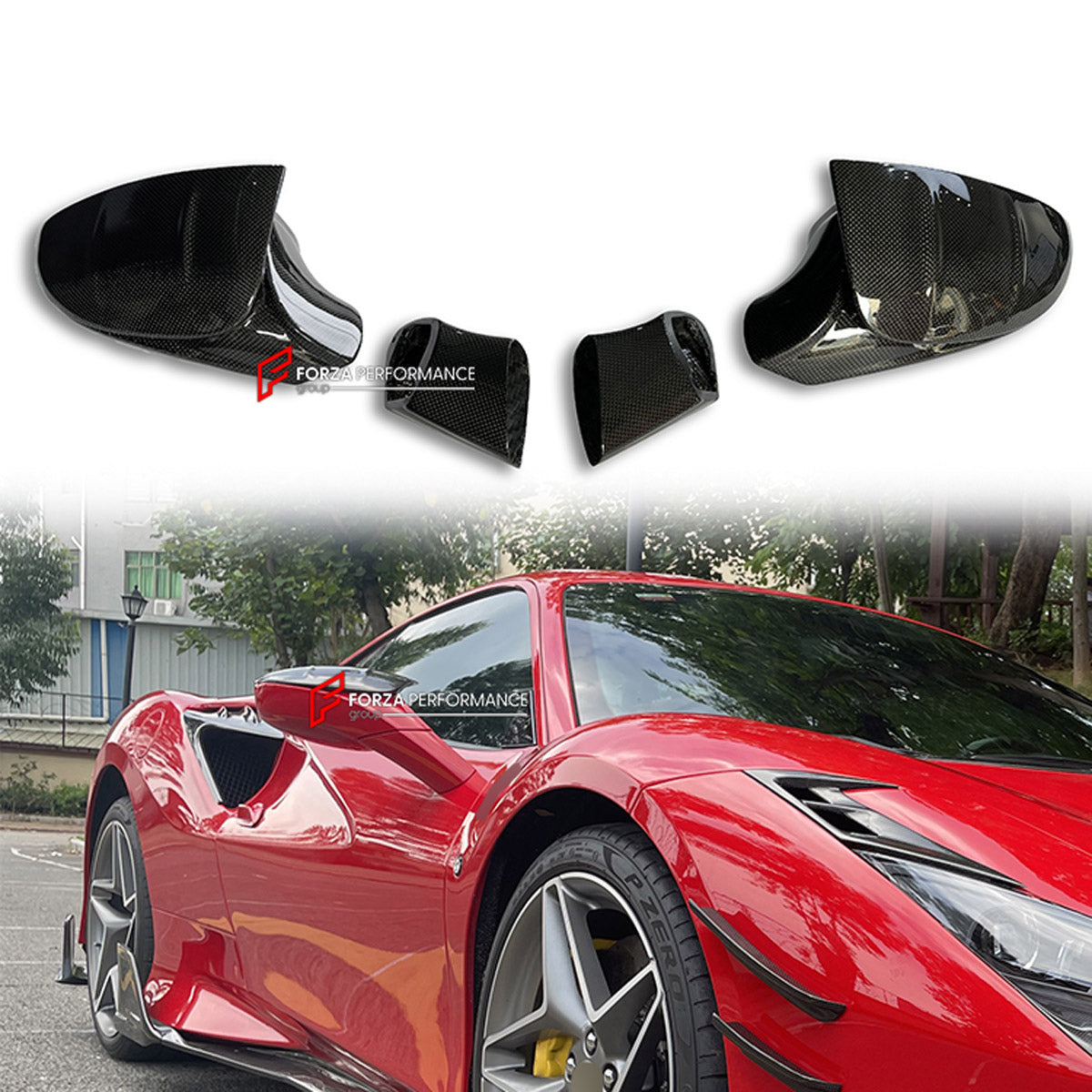 DRY CARBON SIDE MIRROR COVERS for FERRARI F8 TRIBUTO SPIDER 2019 - 2022 FORZA PERFORMANCE custom fit Mansory Style

Set includes:
Side Mirror Covers

Material: Dry Carbon

NOTE: Professional installation is required.