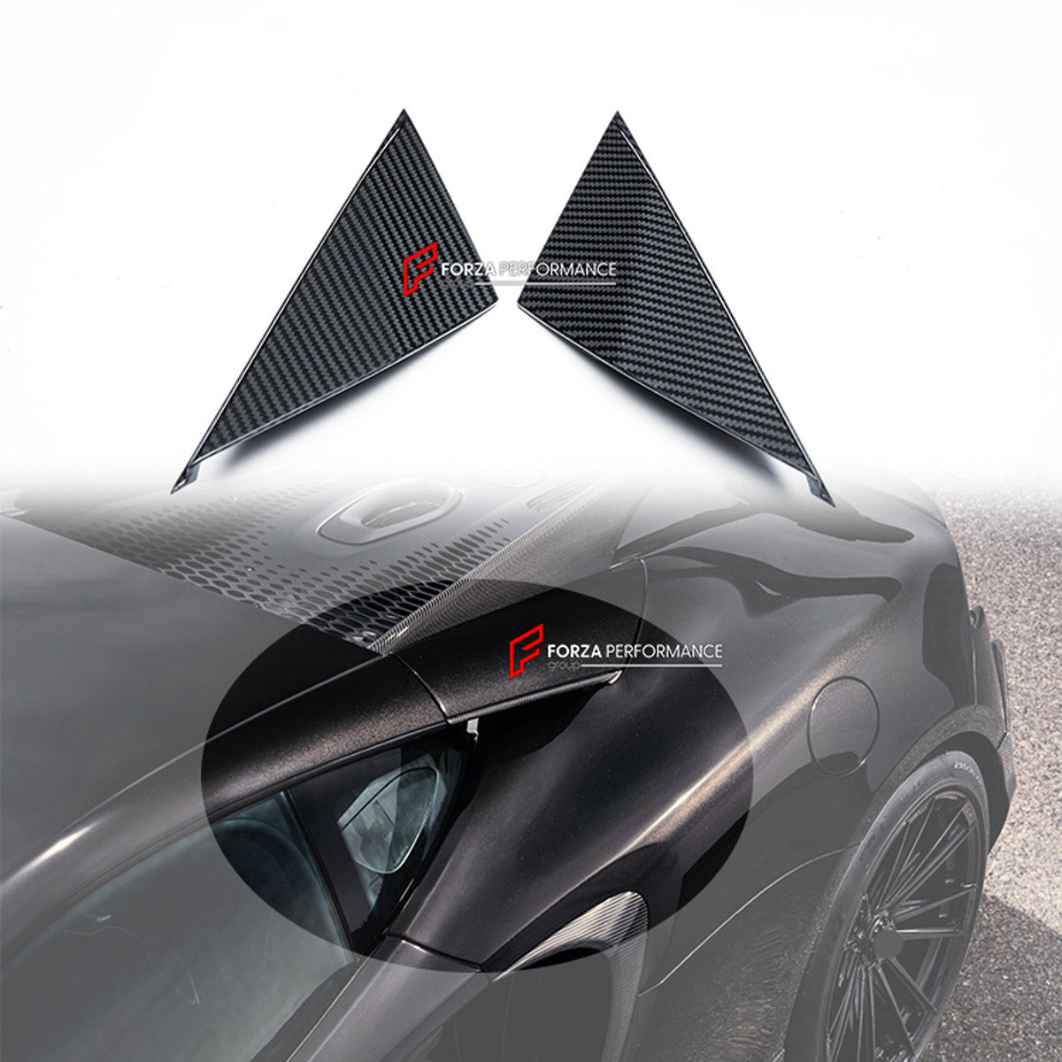 DRY CARBON SIDE WINDOW TRIANGLE COVERS for MCLAREN ARTURA 2021+ FORZA PERFORMANCE custom fit N Style

Set includes:
Side Window Triangle Covers

Material: Dry Carbon

NOTE: Professional installation is required.
