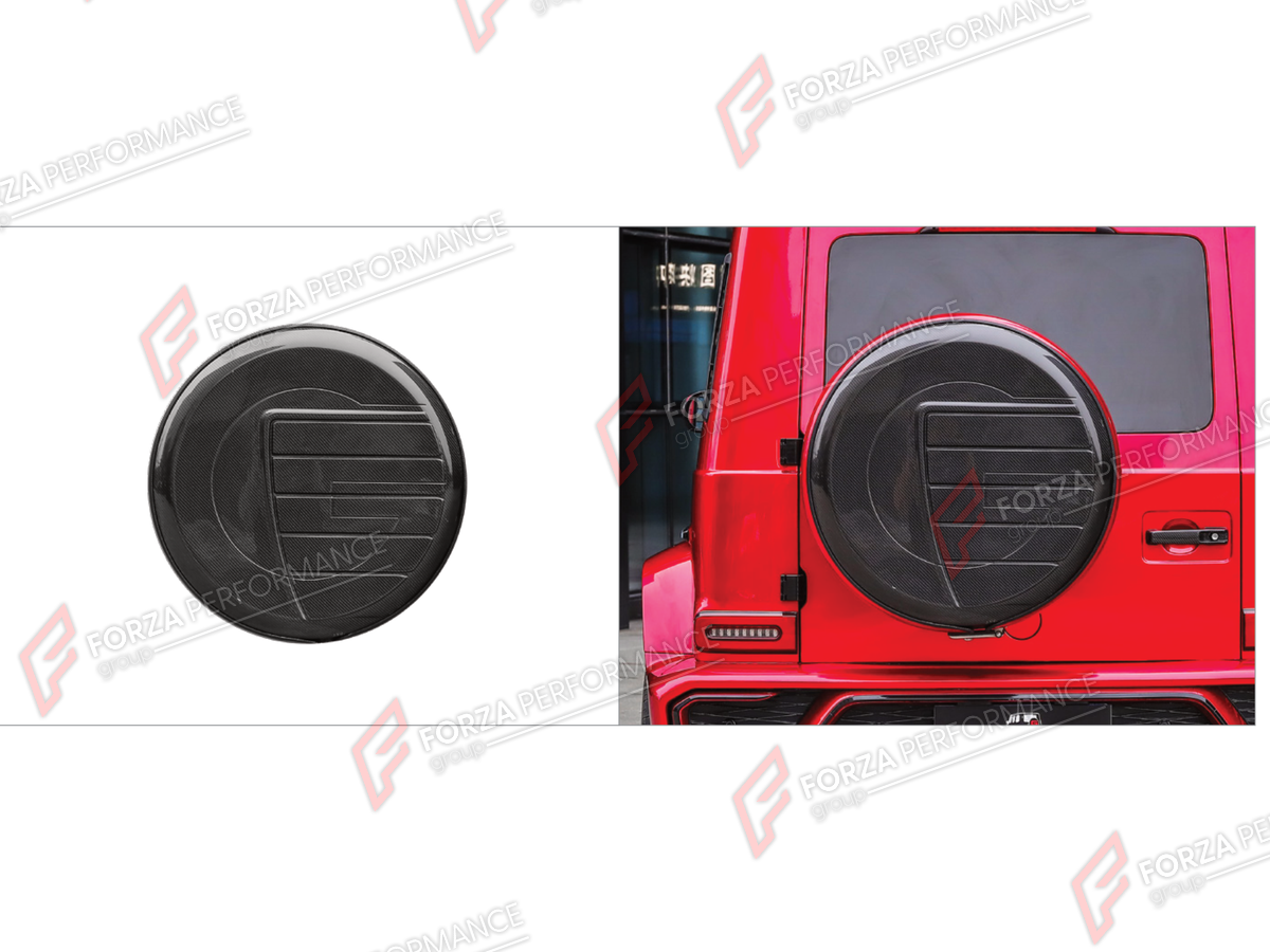 DRY CARBON SPARE WHEEL TIRE COVER for MERCEDES-BENZ G-CLASS W464 2019 - 2024 FORZA PERFORMANCE custom fit Poseidon

Set includes:
Spare Wheel Tire Cover

Material: Dry Carbon

NOTE: Professional installation is required.