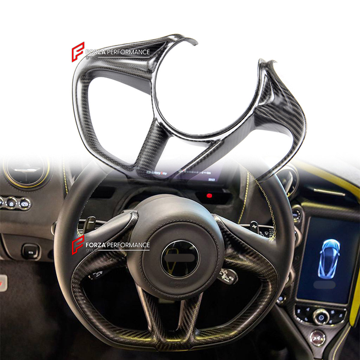DRY CARBON STEERING WHEEL TRIM COVER for MCLAREN 720S 2017 - 2023 FORZA PERFORMANCE custom fit OEM Style

Set includes:
Steering Wheel Trim Cover

Material: Dry Carbon

NOTE: Professional installation is required.