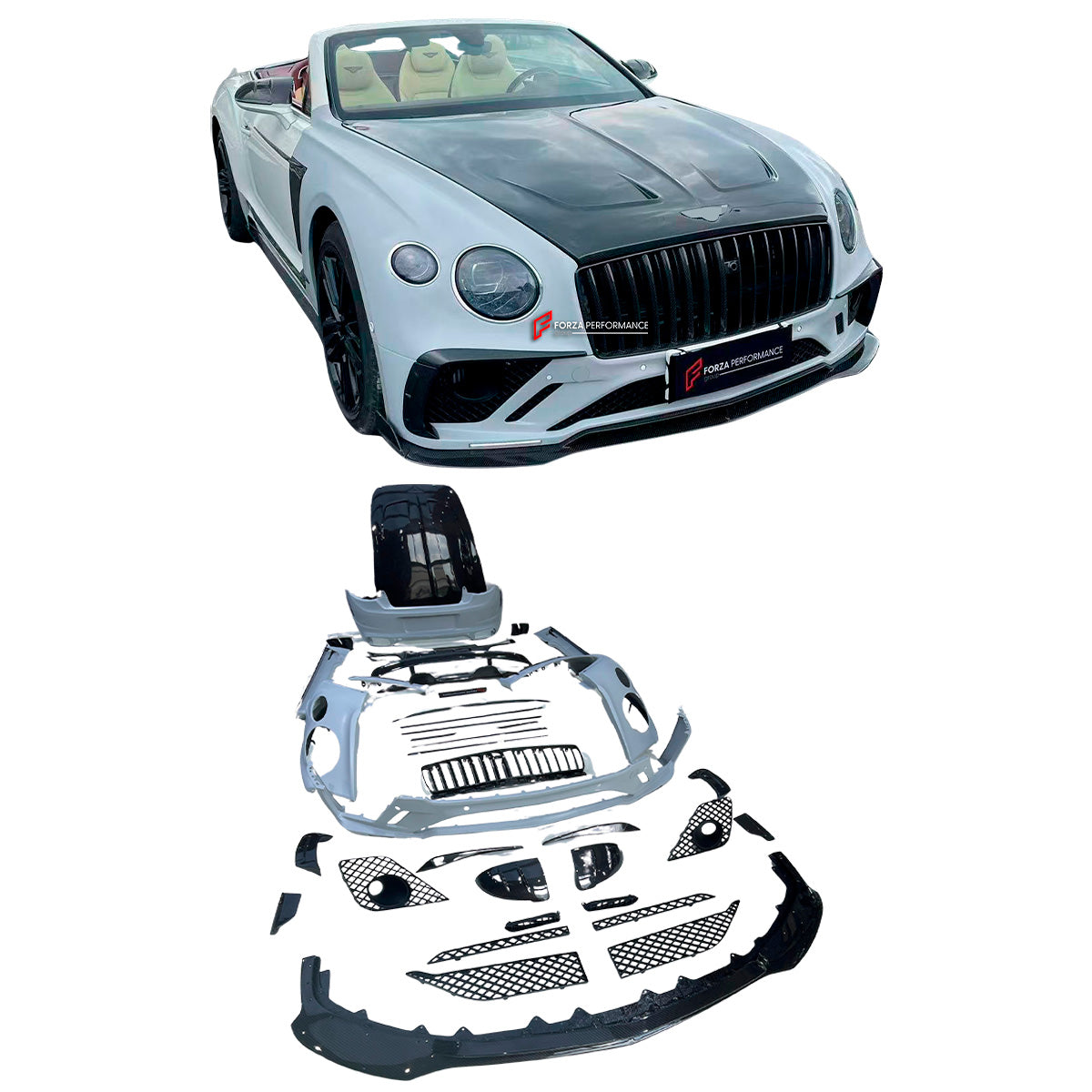 DRY CARBON WIDE BODY KIT for BENTLEY CONTINENTAL GT GTC 2018 - 2024

Set includes:
Front Lip
Front Bumper
Front Bumper Trims
Grille
Hood / Bonnet
Front Fenders
Side Mirror Covers
Side Trims
Side Skirts
Folding Roof Cover
Rear Spoiler
Rear Bumper
Rear Diffuser

Material: Dry Carbon

Note: Professional installation is required.