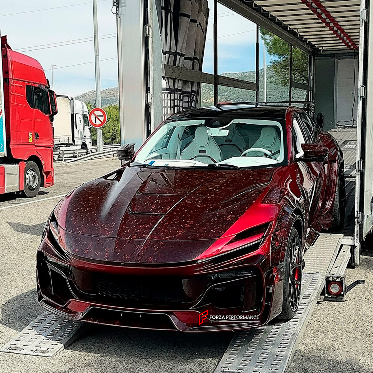 DRY CARBON WIDE BODY KIT for FERRARI PUROSANGUE 2023+ FORZA PERFORMANCE Mansory Keyvany
Set includes:

Front Lip
Front Bumper Assembly
Hood Bonnet
Front Fenders
Fender Flares
Side Skirts
Rear Fenders
Roof Spoiler
Ducktail Spoiler
Rear Diffuser
Rear Bumper Assembly
Material: Dry Carbon

NOTE: Professional installation is required.