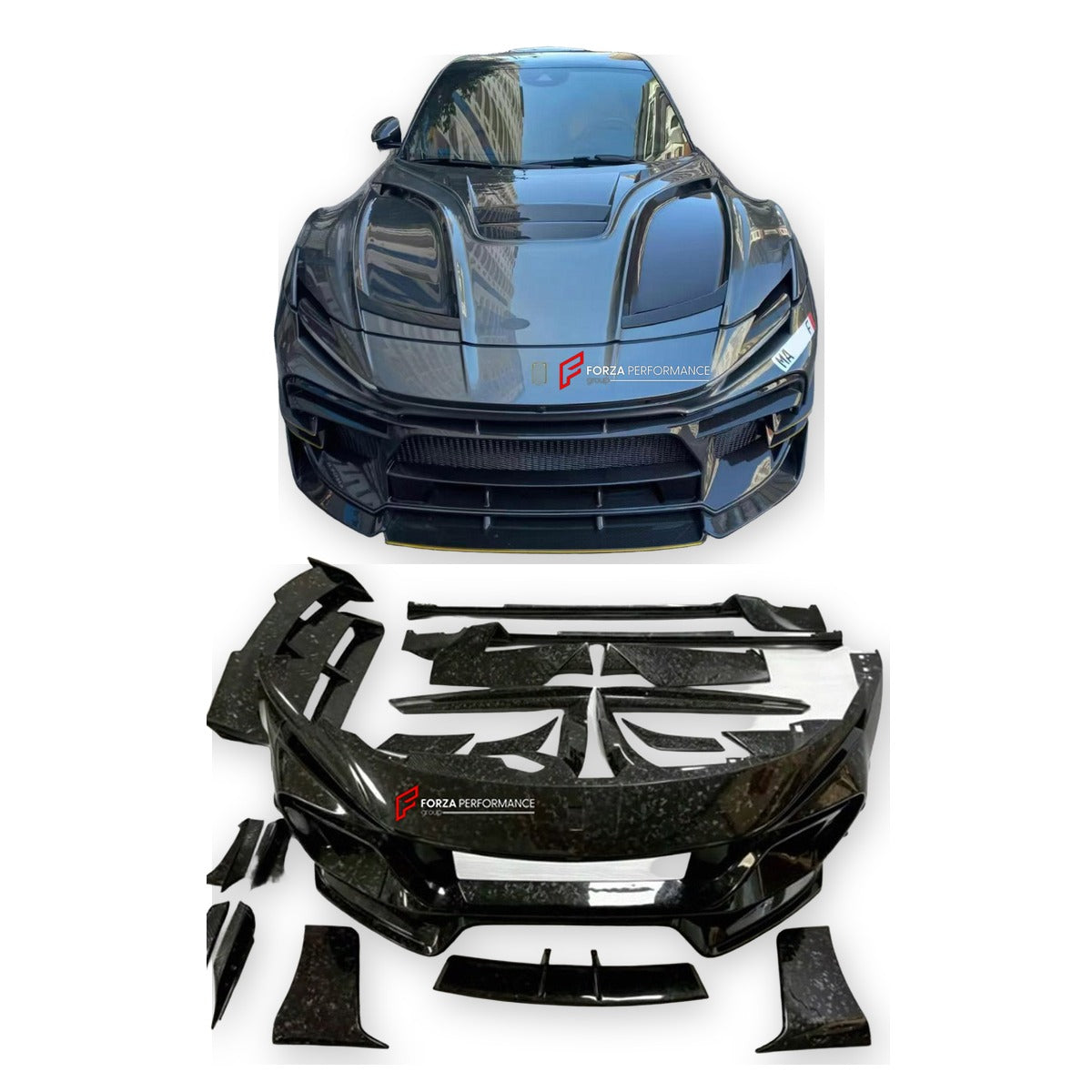 DRY CARBON WIDE BODY KIT for FERRARI PUROSANGUE 2023+ FORZA PERFORMANCE Mansory Keyvany
Set includes:

Front Lip
Front Bumper Assembly
Hood Bonnet
Front Fenders
Fender Flares
Side Skirts
Rear Fenders
Roof Spoiler
Ducktail Spoiler
Rear Diffuser
Rear Bumper Assembly
Material: Dry Carbon

NOTE: Professional installation is required.