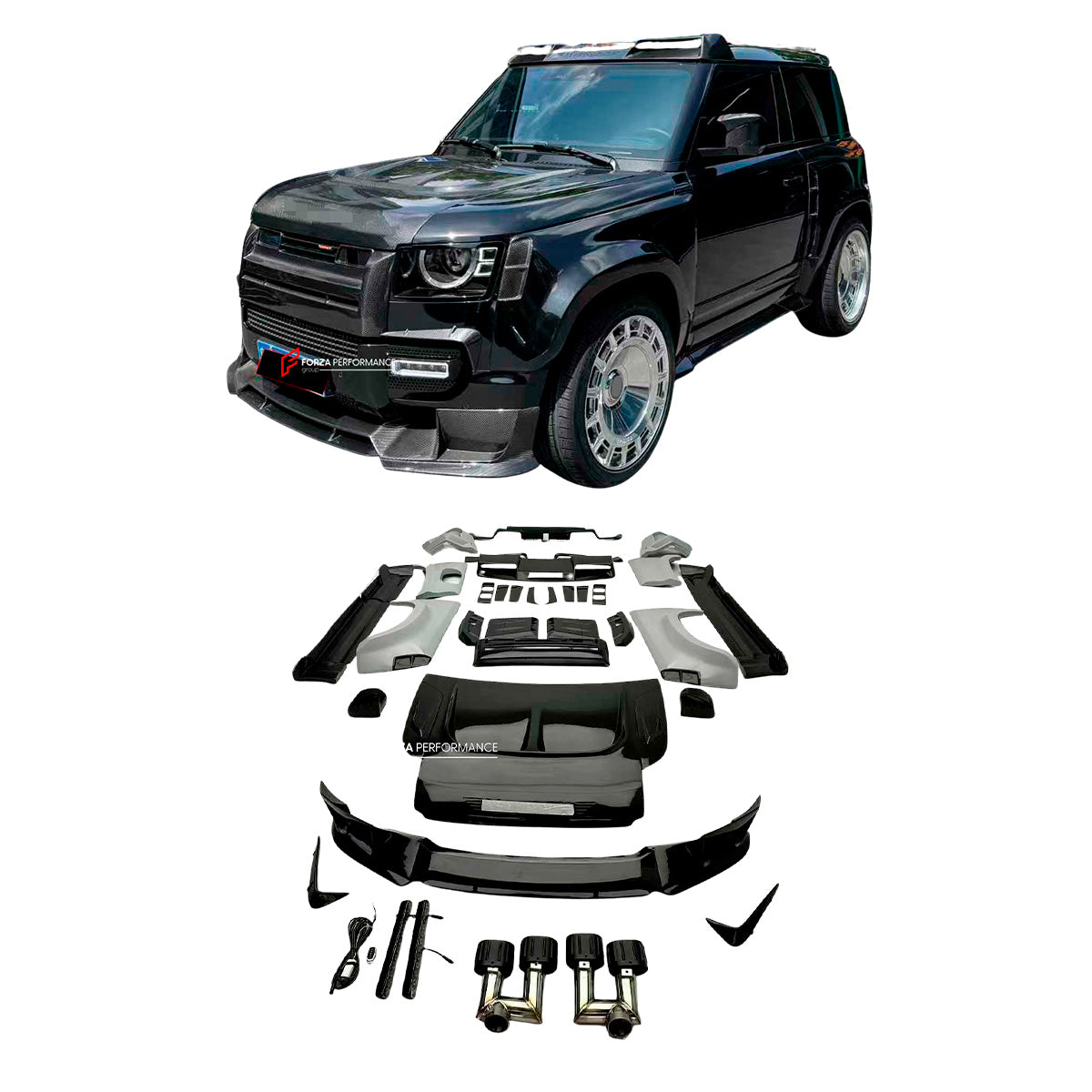DRY CARBON WIDE BODY KIT for LAND ROVER DEFENDER L663 90 2020+

Set includes:

Front Lip
Front Bumper Trims
Front Grille
Hood / Bonnet
Side Mirrors Covers
Front Fenders
Roof Led Bar
Side Skirts
Rear Fenders
Rear Trunk Cover
Rear Bumper
Rear Diffuser
Exhaust Tips

Material: Dry Carbon

Note: Professional installation is required.