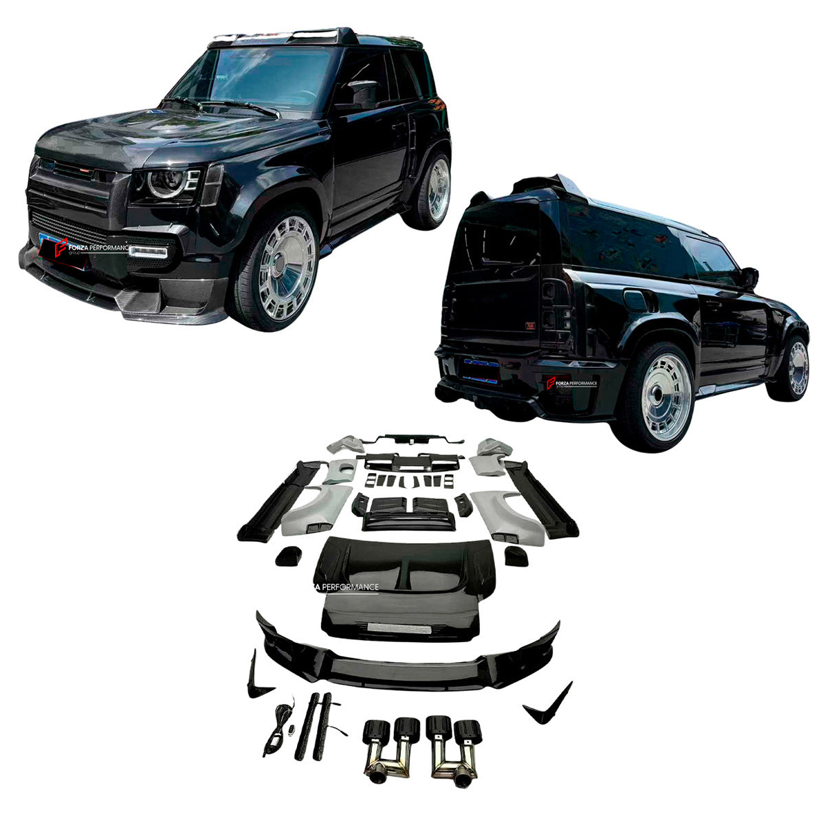 DRY CARBON WIDE BODY KIT for LAND ROVER DEFENDER L663 90 2020+

Set includes:

Front Lip
Front Bumper Trims
Front Grille
Hood Bonnet
Side Mirrors Covers
Front Fenders
Roof Led Bar
Side Skirts
Rear Fenders
Rear Trunk Cover
Rear Bumper
Rear Diffuser
Exhaust Tips

Material: Dry Carbon

Note: Professional installation is required.
