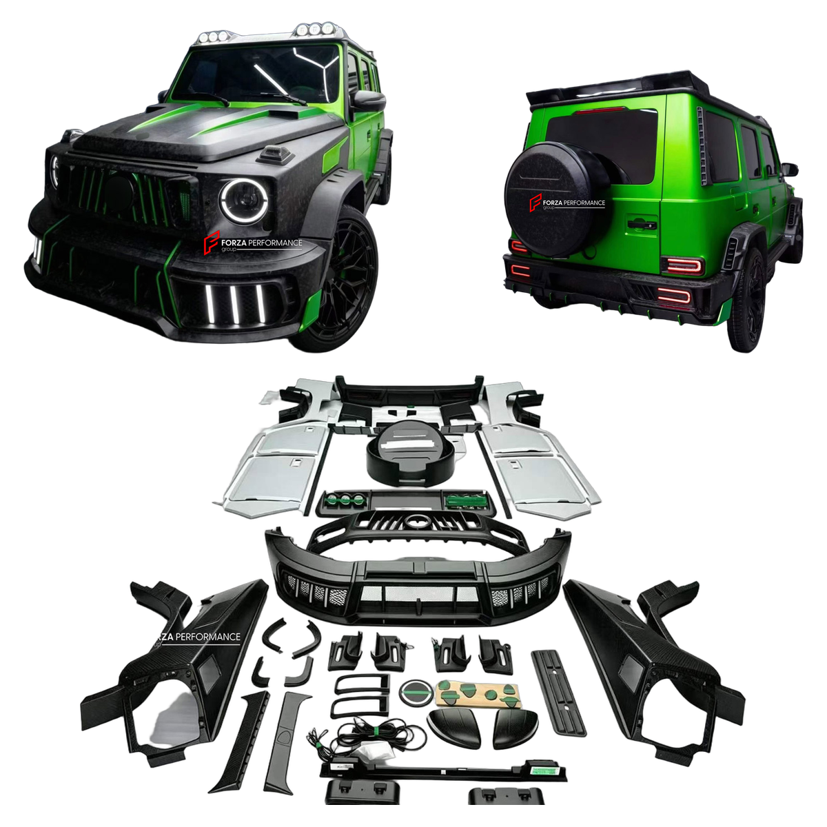 DRY CARBON WIDE BODY KIT for MERCEDES-BENZ G-CLASS AMG W465 G500 G63 2024+ FORZA PERFORMANCE custom fit Mansory Style

Set includes:
Front Bumper Assembly
Front Grille
Hood Bonnet Air Vents
Roof Light Bar
Fender Flares
Side Mirror Covers
Door Panels
Body Side Door Moldings
Rear Bumper Assembly
Spare Wheel Tire Cover

Material: Dry Carbon

NOTE: Professional installation is required.