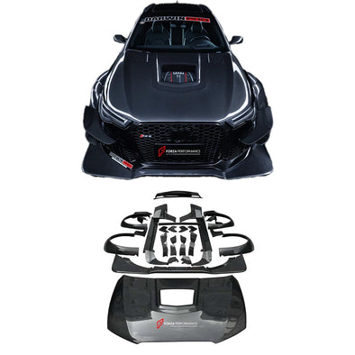 AUTHENTIC DARWINPRO DTM STYLE CARBON WIDE BODY KIT for AUDI RS6 C7 AVANT 2014 - 2018  Set includes:  Hood Front lip Front canards Fender flares Side skirts Side canards Bumper spoiler Rear bumper canards Door canards Rear fender canards Rear diffuser canards Roof spoiler Trunk spoiler Material: Carbon fiber / Forged Carbon / Fiberglass + Carbon / Autoclave carbon fiber / Double sided carbon fiber  NOTE: Professional installation is required  Contact us for pricing