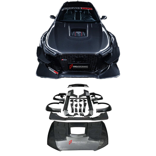 AUTHENTIC DARWINPRO DTM STYLE CARBON WIDE BODY KIT for AUDI RS6 C7 AVANT 2014 - 2018  Set includes:  Hood Front lip Front canards Fender flares Side skirts Side canards Bumper spoiler Rear bumper canards Door canards Rear fender canards Rear diffuser canards Roof spoiler Trunk spoiler Material: Carbon fiber / Forged Carbon / Fiberglass + Carbon / Autoclave carbon fiber / Double sided carbon fiber  NOTE: Professional installation is required  Contact us for pricing