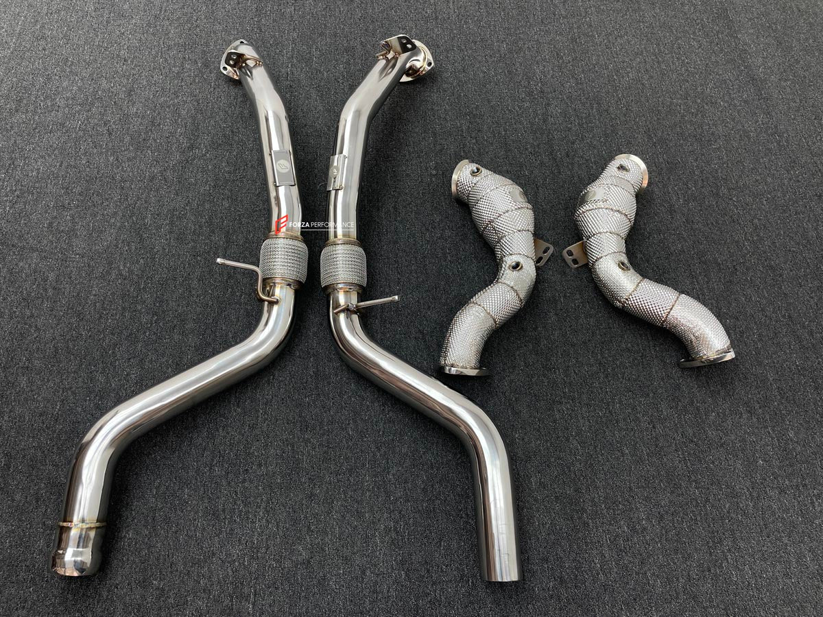 EXHAUST 200 CELL DOWNPIPES WITH OPF DELETE PIPES for ASTON MARTIN DBX 707 4.0T V8 2023+ FORZA PERFORMANCE Custom Fit

Set includes:

200 Cell Sport Catalytic Downpipes
OPF Delete Pipes
Heat Shield
Material: Stainless Steel (Can be made of Titanium)

Production time: 10–15 days
