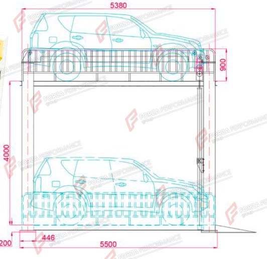 F-VTS Four-Post Car Elevator - Guided Vehicle Transport System - almacenamiento de vehículos / rangement de voiture