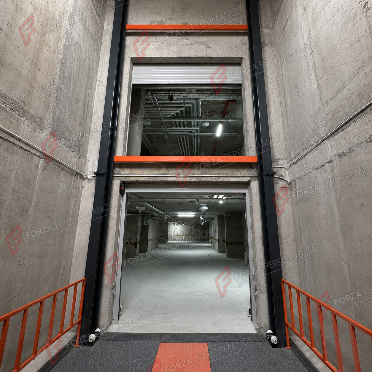 F-VTS Four-Post Car Elevator - Guided Vehicle Transport System - montacoches de cuatro columnas / ascenseur pour voitures 4 colonnes