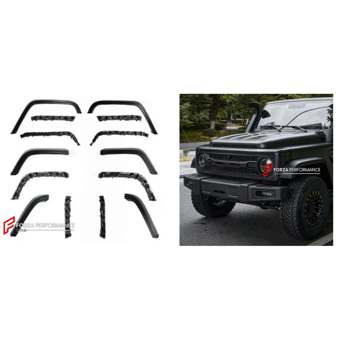 FENDER FLARES for BAW 212 T01 2024+ FORZA PERFORMANCE custom fit Night Cavalry Style

Set includes:
Fender Flares

Material: Plastic

NOTE: Professional installation is required. Must be installed together.