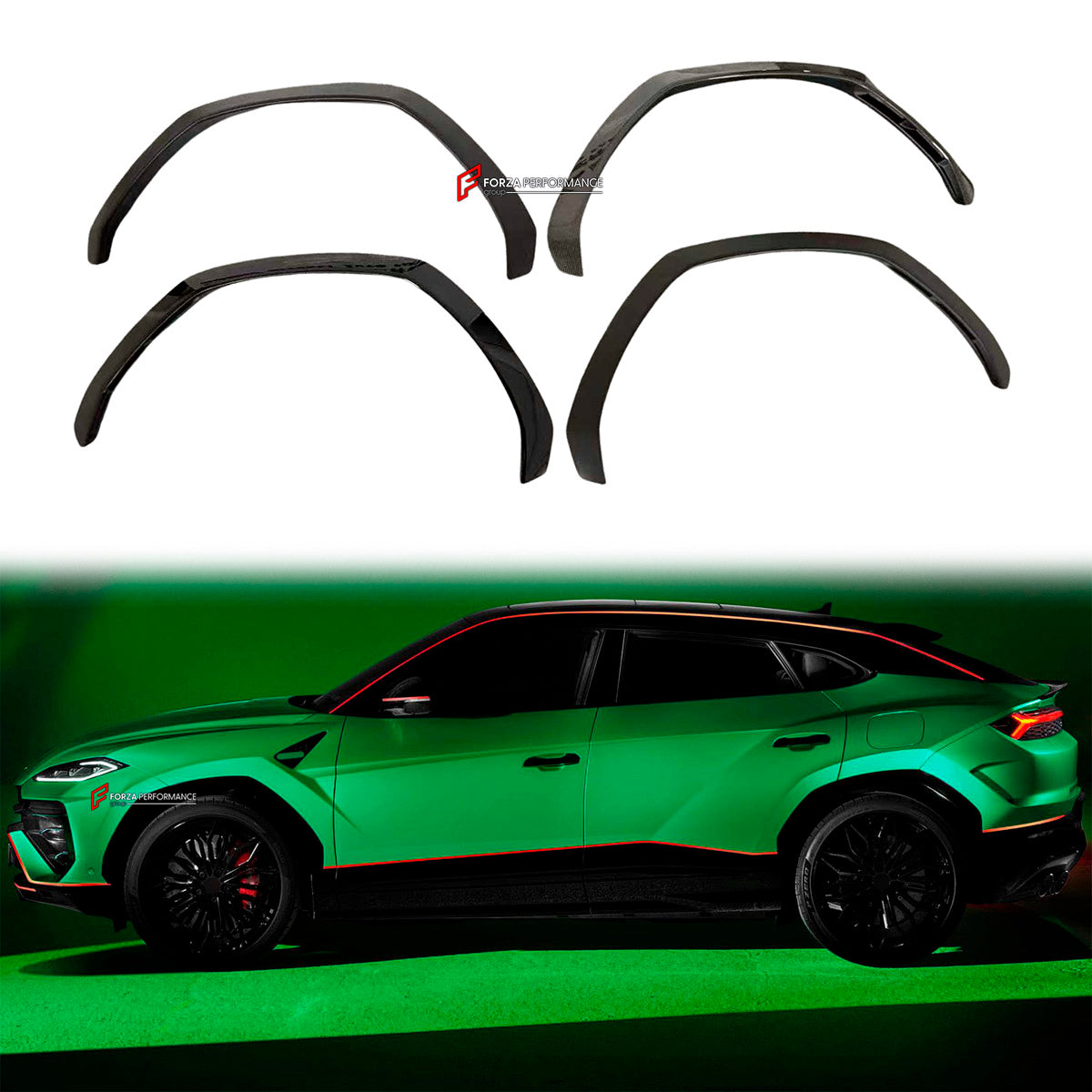 Fender Flares for Lamborghini Urus SE 2018+
Set includes:

Front Fender Flares
Rear Fender Flares
Material: Plastic

NOTE: Professional installation is required.