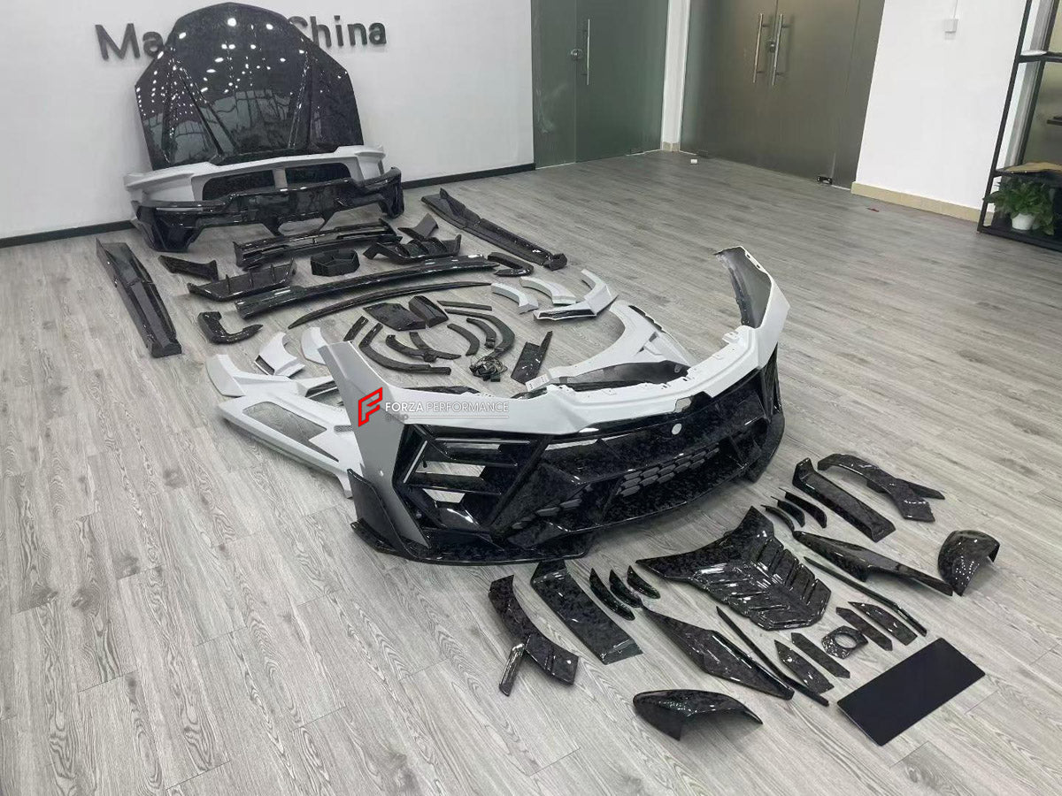 FORGED CARBON BODY KIT for LAMBORGHINI URUS SE 2024+ FORZA PERFORMANCE custom fit M Style

Set includes:
Front Lip
Front Bumper Assembly
Hood Bonnet
Front Fenders
Fender Flares
Side Skirts
Rear Spoiler Wing
Rear Bumper Assembly
Rear Diffuser

Material: Forged Carbon, Plastic

NOTE: Professional installation is required.